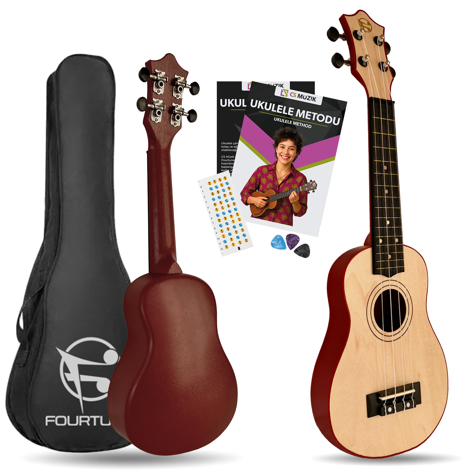 İki ukulele, bir kılıf, pena ve yöntem kitabı.