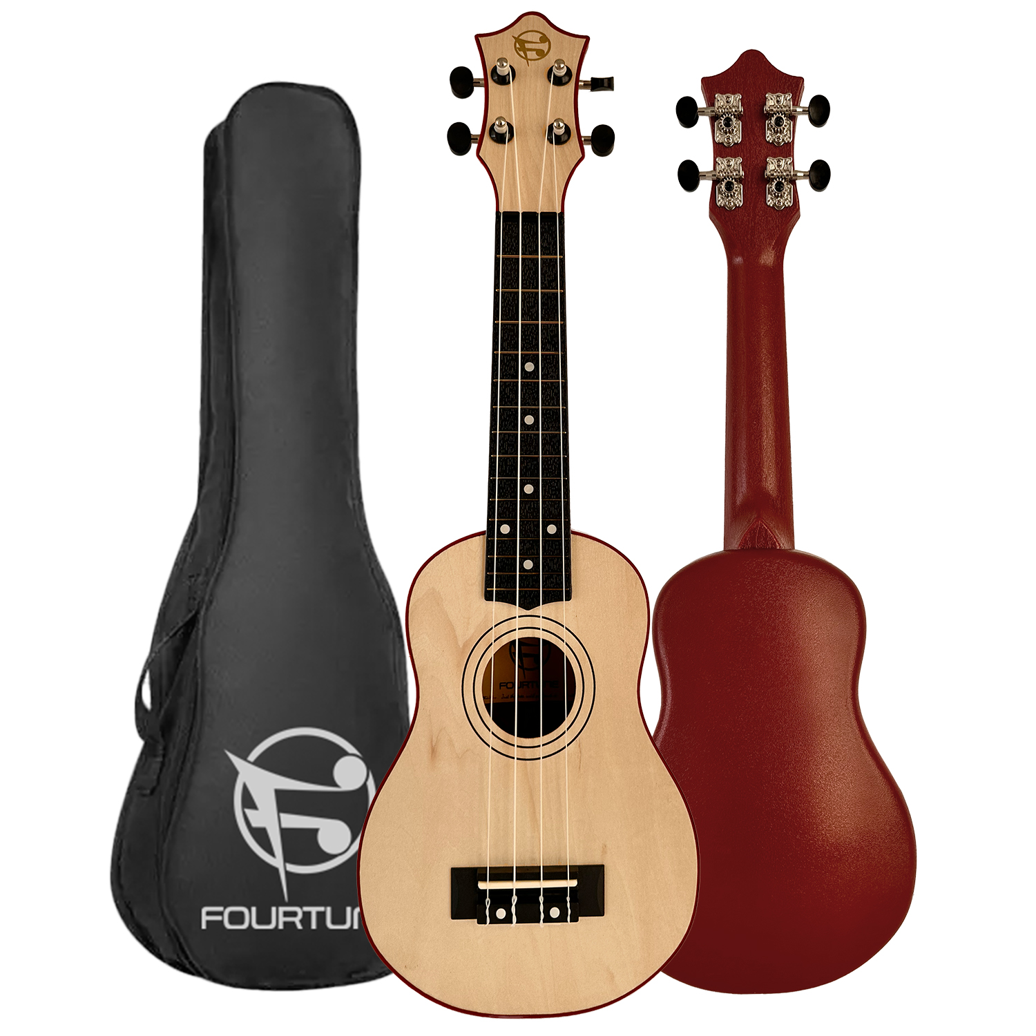 Siyah kılıflı açık ahşap ukulele ve kırmızı bir ukulele.