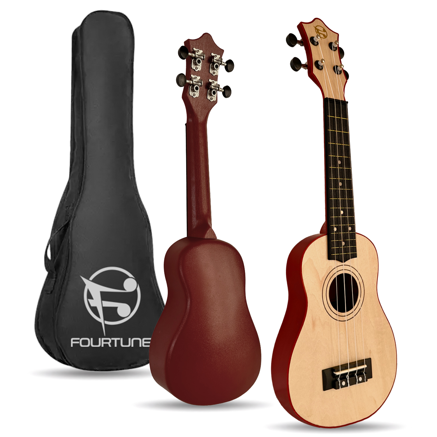 Kahverengi ukulele çantası, kahverengi ukulele ve kırmızı kenarlı açık renkli ukulele.