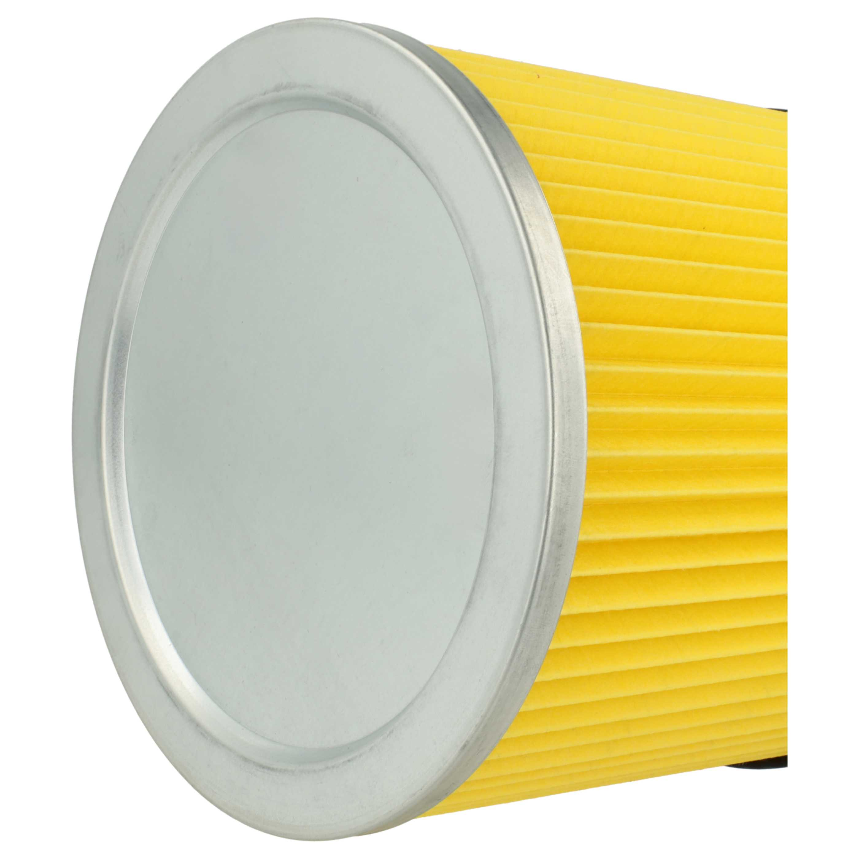 Gelber, gerippter Luftfilter mit silbernem Rand und Deckel.