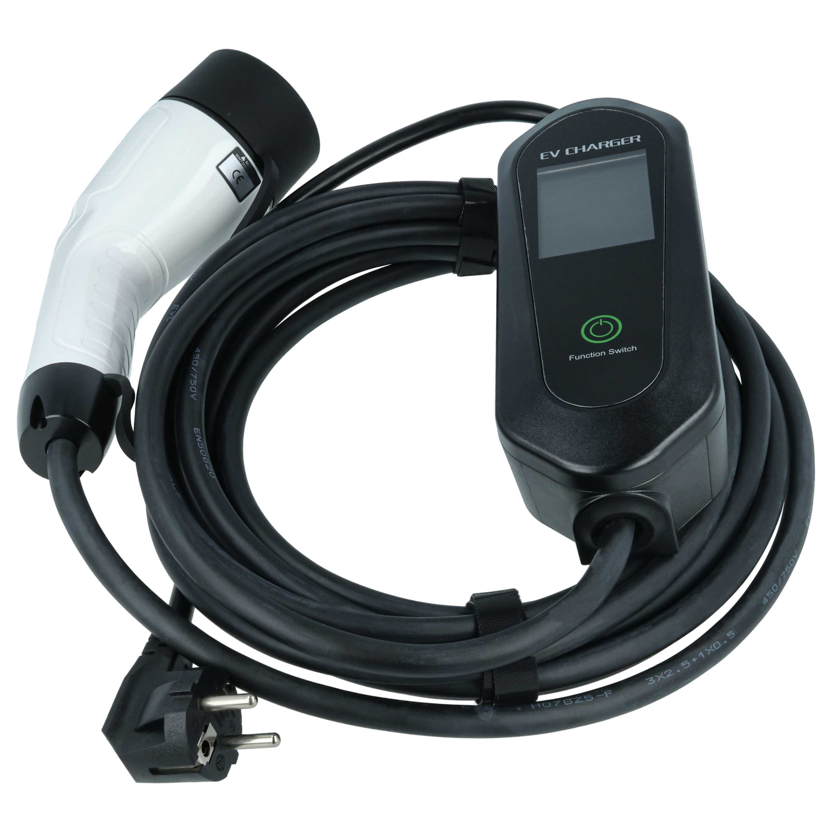 Ein weißer Ladestecker, schwarzes Kabel und eine schwarze Ladebox mit Display und Schalter.