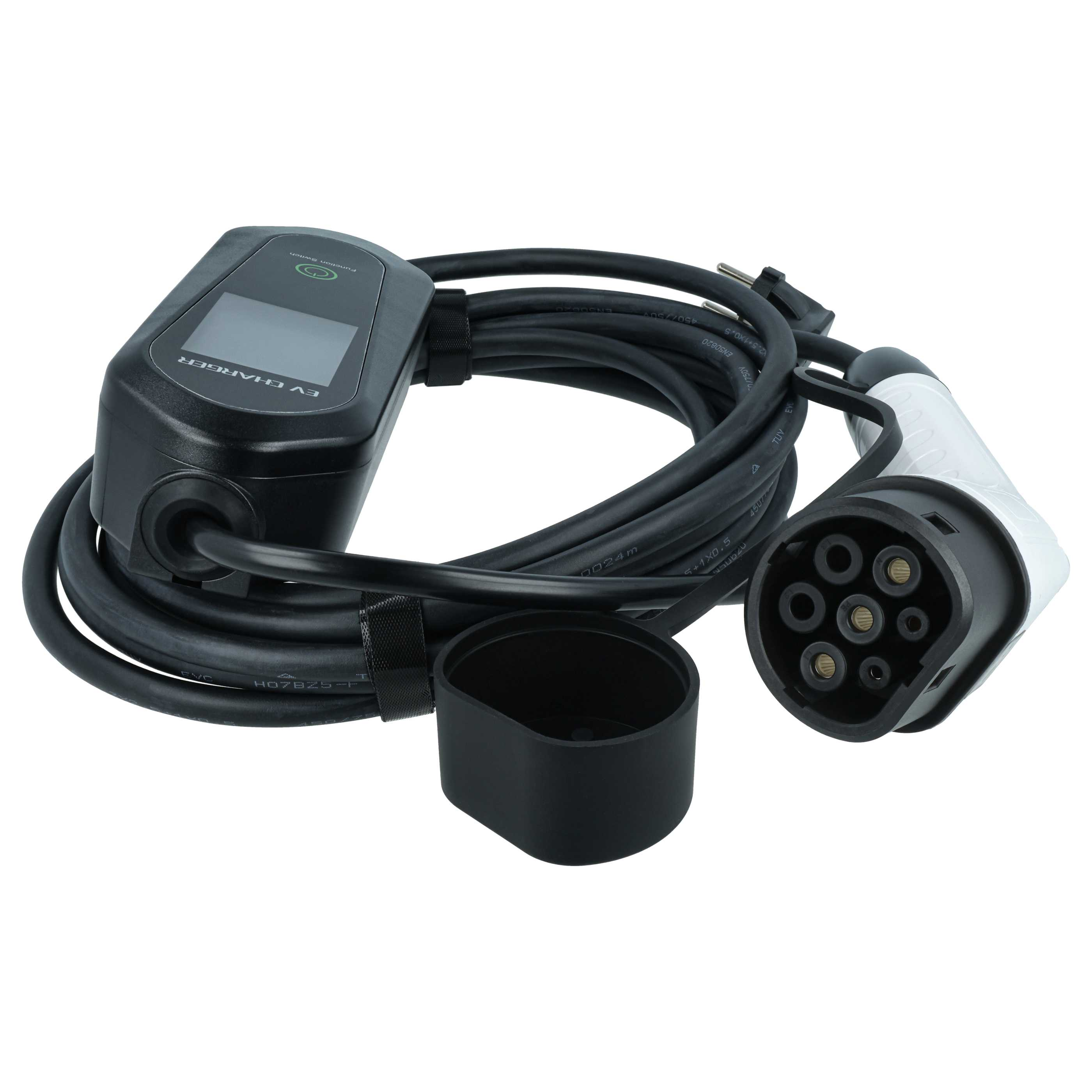 Schwarzes EV-Ladegerät mit Kabel, Stecker und schwarzer Kappe.