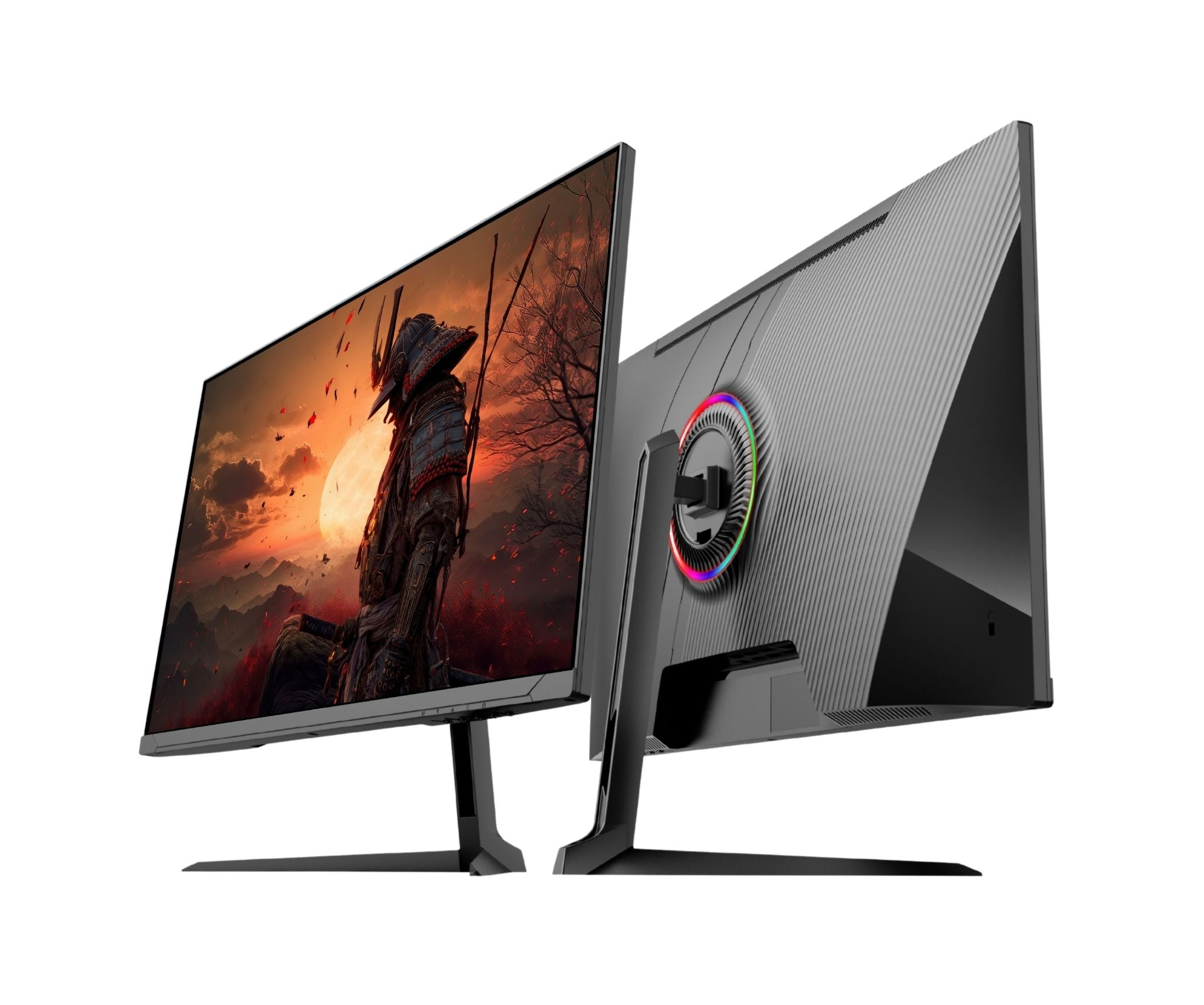 Monitor mit Samurai-Bildschirm und RGB-Beleuchtung auf der Rückseite.