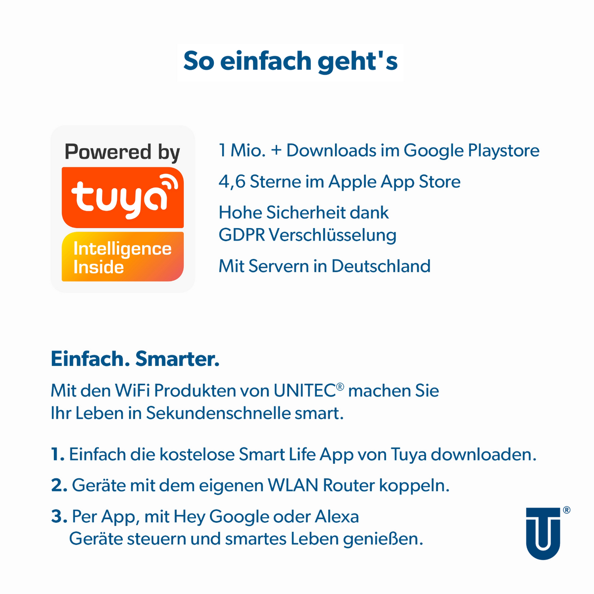 Logo von Tuya mit Text 'Powered by Tuya Intelligence Inside'. Infos zu App-Downloads, Sicherheit und Servern.