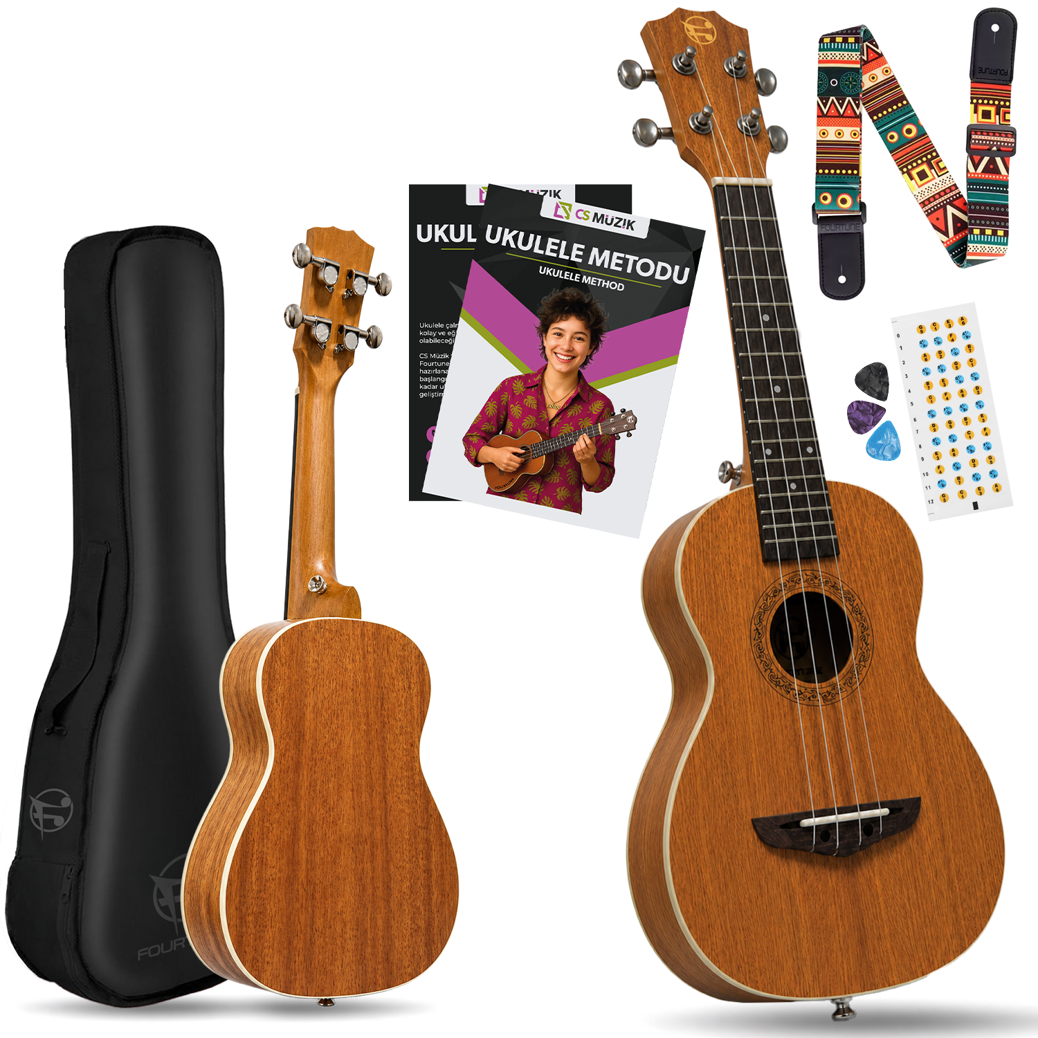 Ukulele, kılıf, askı, pena ve metod kitabı içeren ukulele seti.