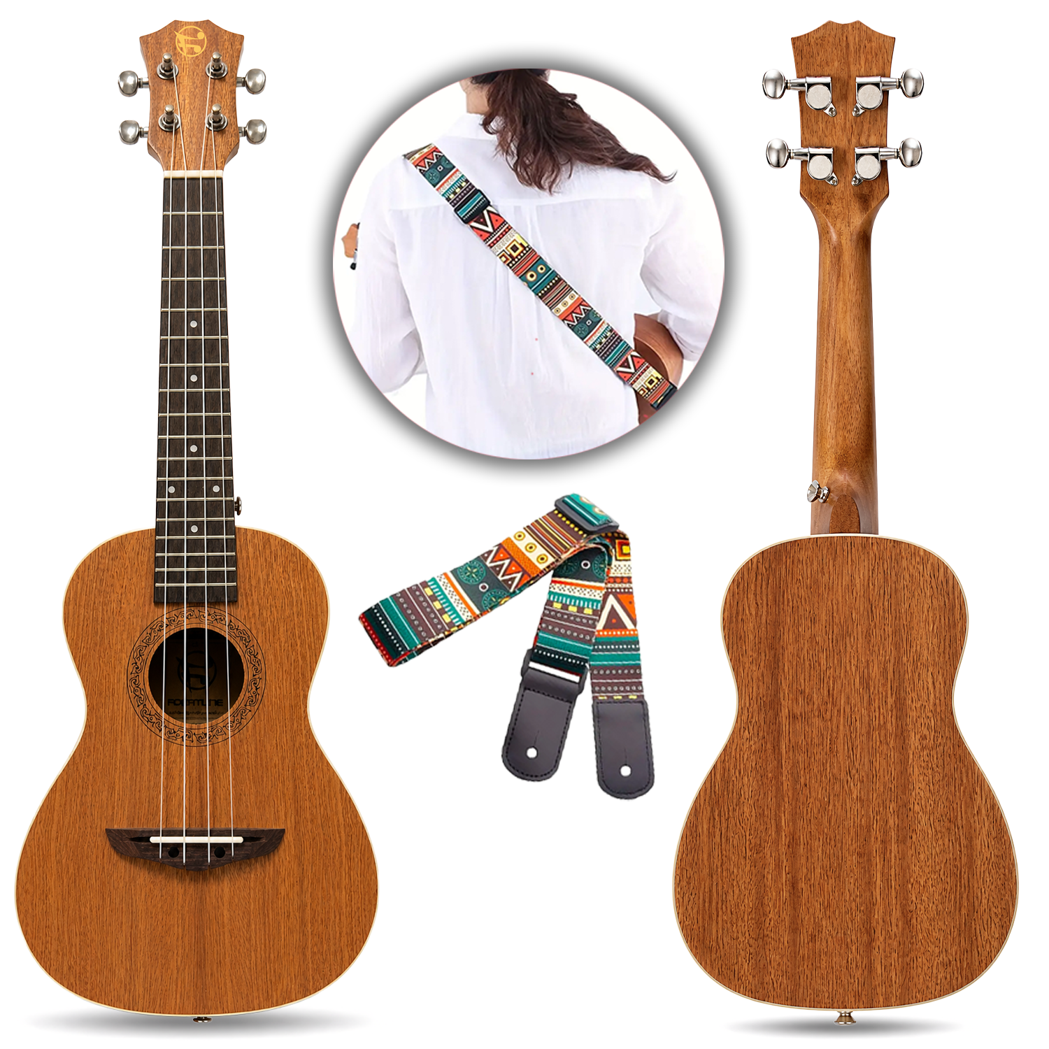 Renkli askılı ahşap ukulele, ön, arka ve sap görünümleri.