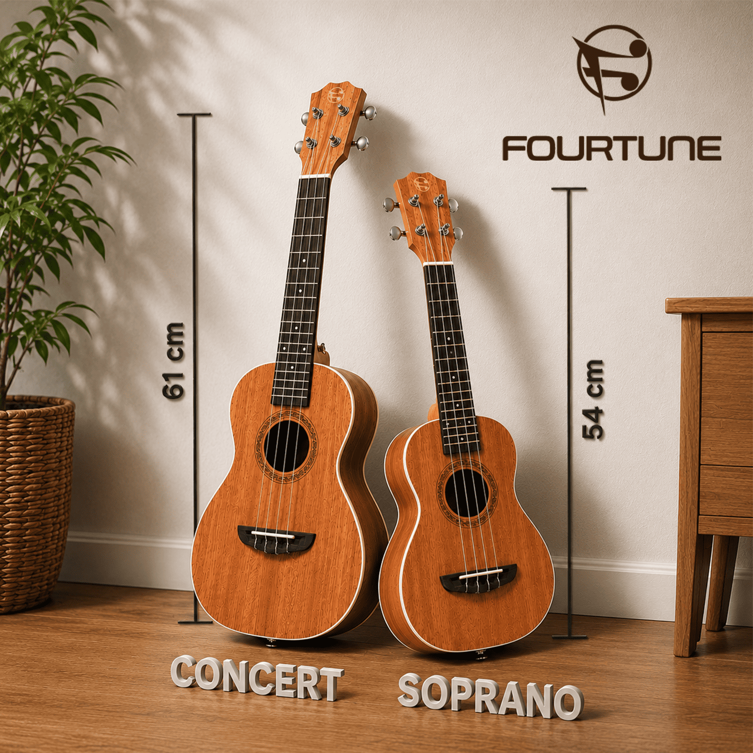 İki ukulele, konser (61cm) ve soprano (54cm), ahşap zeminde duruyor.