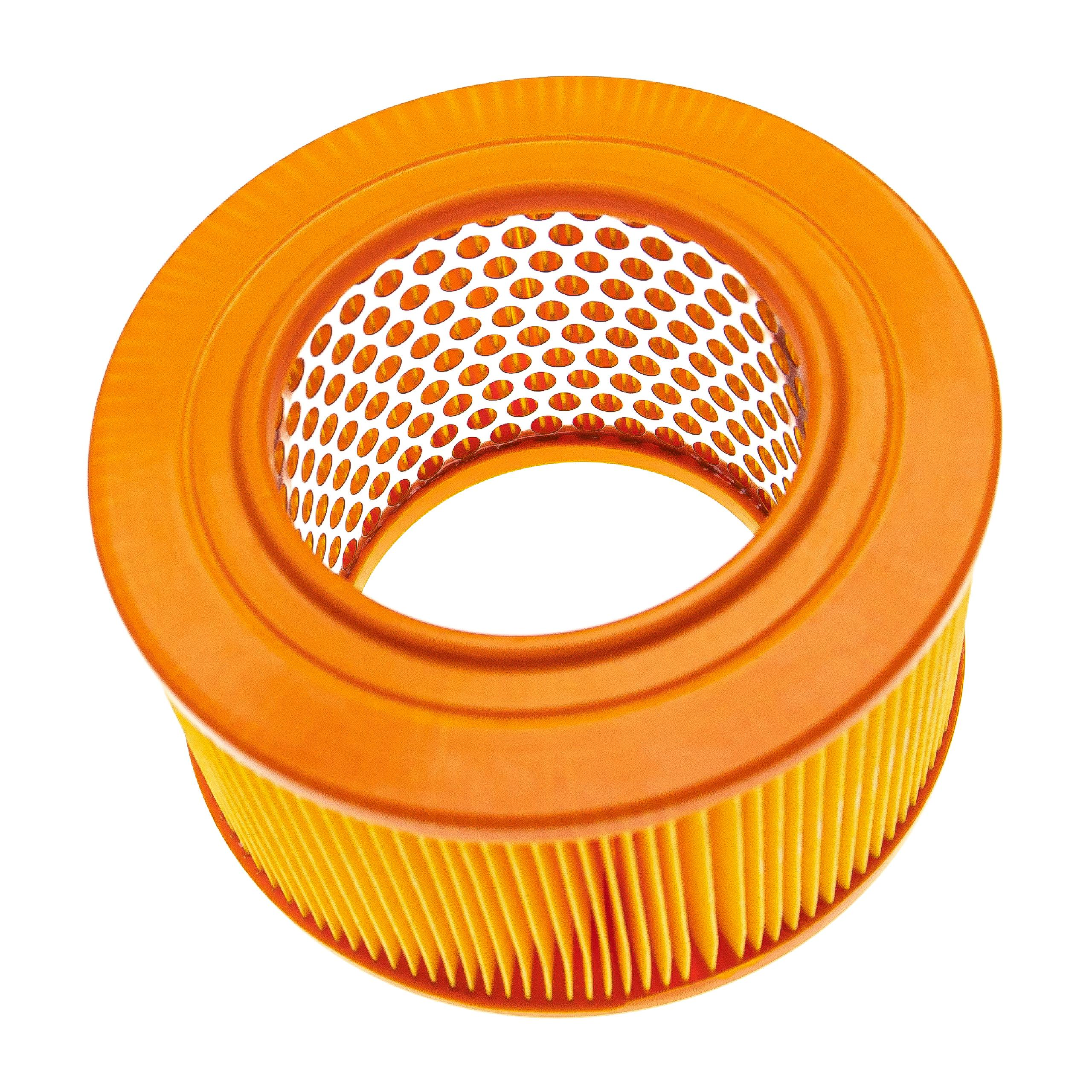 Ein orangefarbener und gelber Luftfilter mit Falten auf weißem Hintergrund.