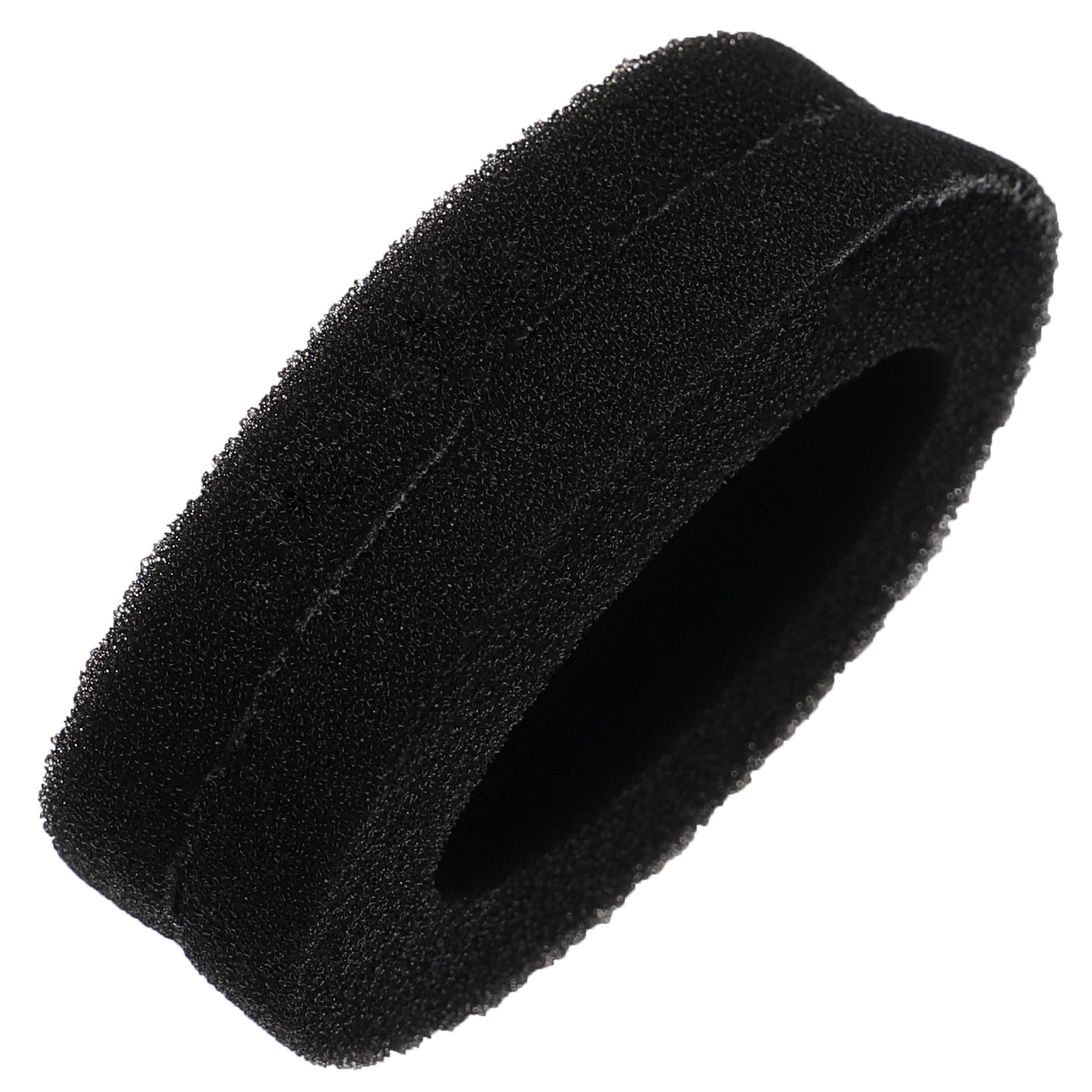 Ein schwarzer Schaumstoff-Ringfilter, oval mit poröser Textur, vor weißem Hintergrund.