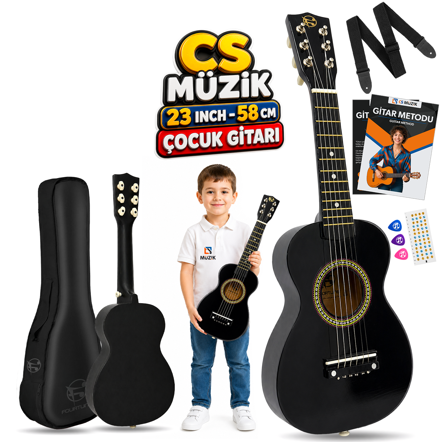 Bir çocuk siyah gitar tutuyor. Aksesuarlar: çanta, askı, pena, çıkartmalar, yöntem.