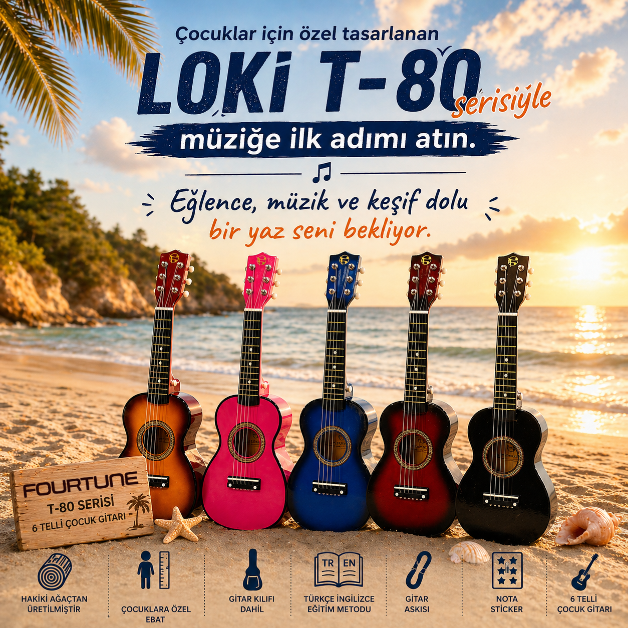 Beş çocuk gitarı çeşitli renklerde sahilde duruyor. Türkçe metin.