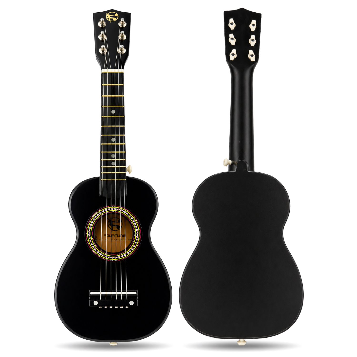 Önden ve arkadan siyah gitar, altı telli ve altın süslemeli.