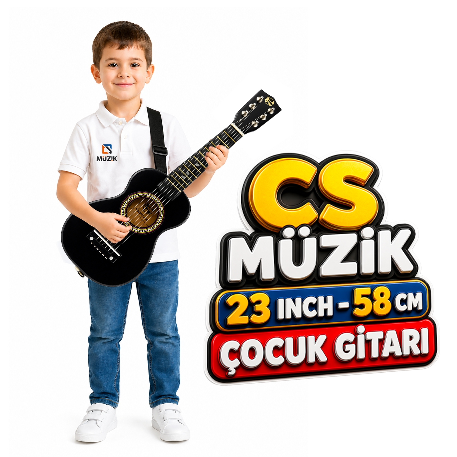 Siyah gitaralı ve "CS Müzik" logolu çocuk, 23 inç çocuk gitarı.