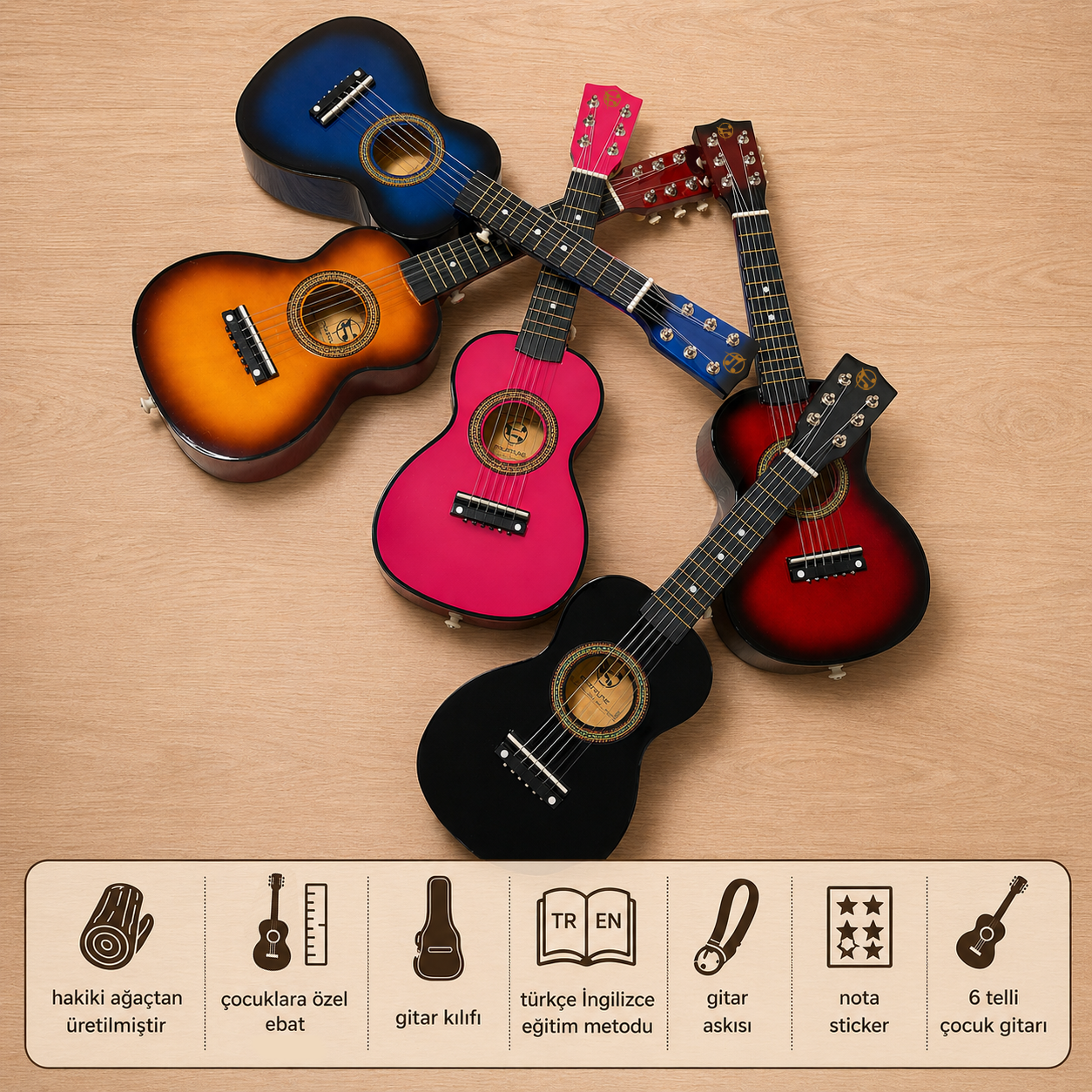 Ahşap zeminde dizilmiş altı renkli çocuk gitarı.