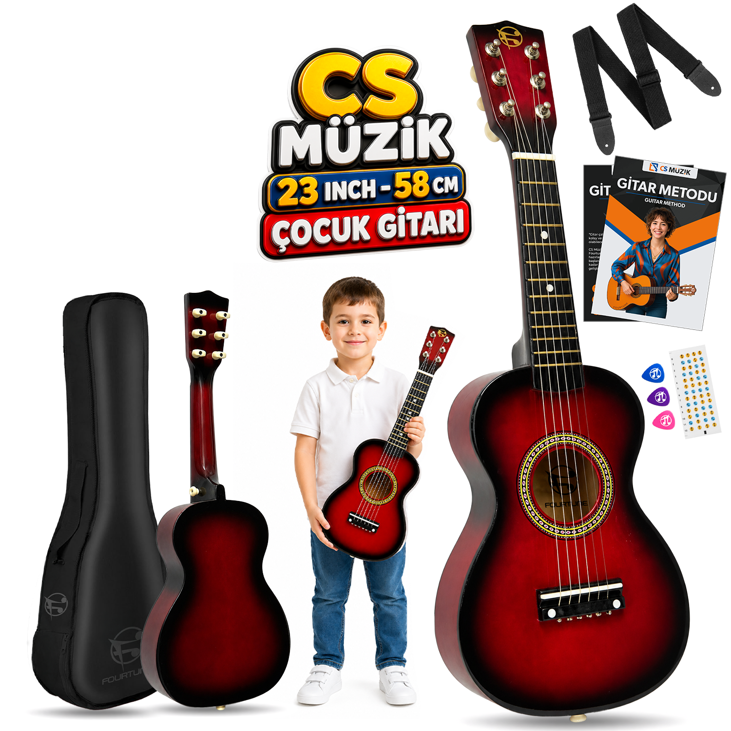 Bir çocuk, daha büyük bir gitar ve kılıfın yanında kırmızı bir çocuk gitarı tutuyor.