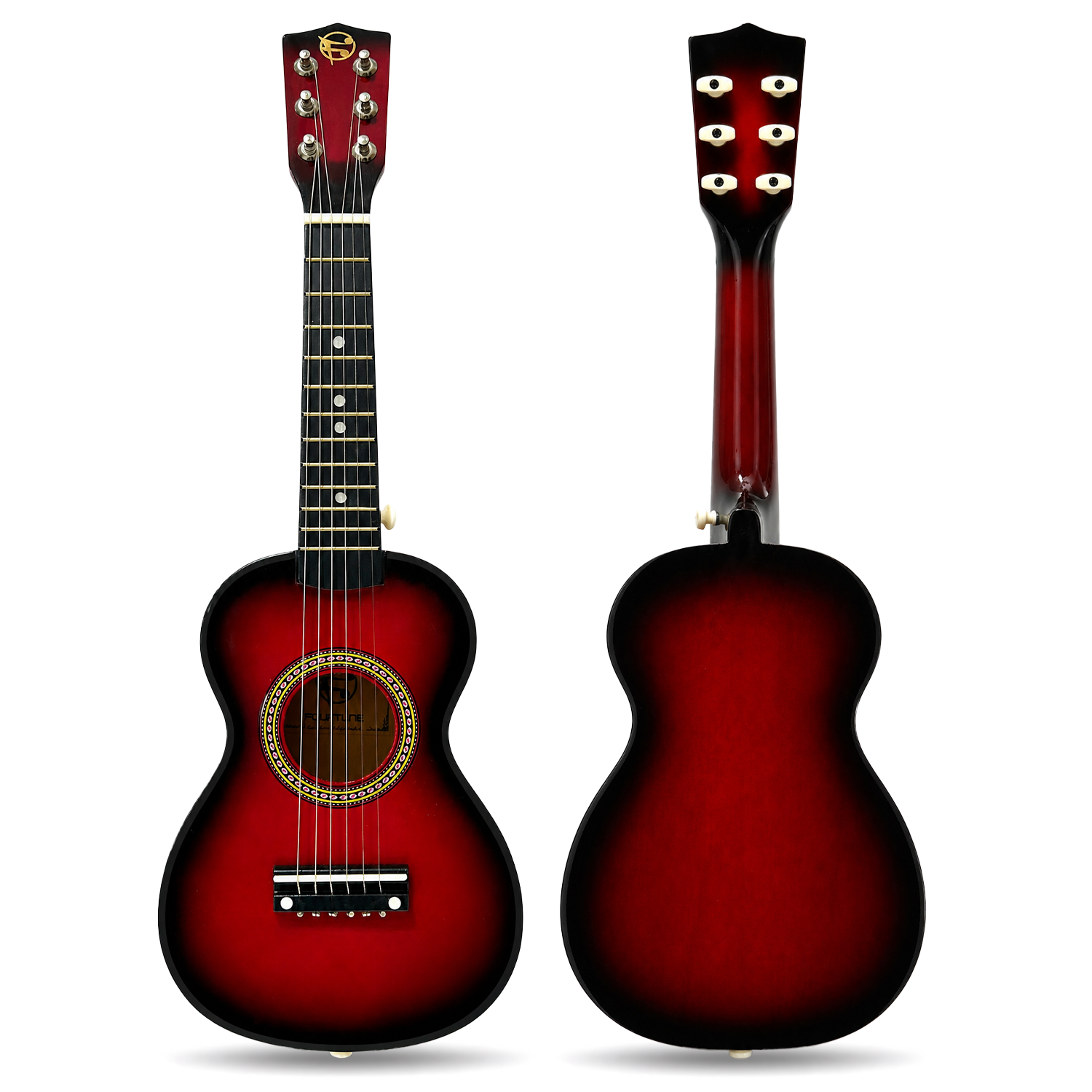 Altı telli kırmızı ve siyah akustik gitarın ön ve arka görünümü.