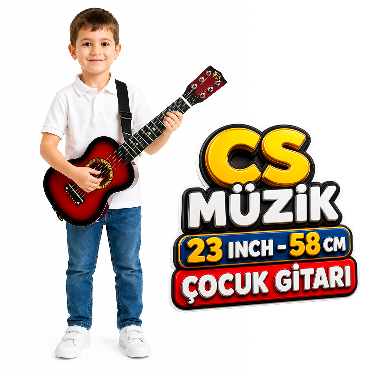 Beyaz arka plan önünde kırmızı oyuncak gitar tutan bir çocuk.