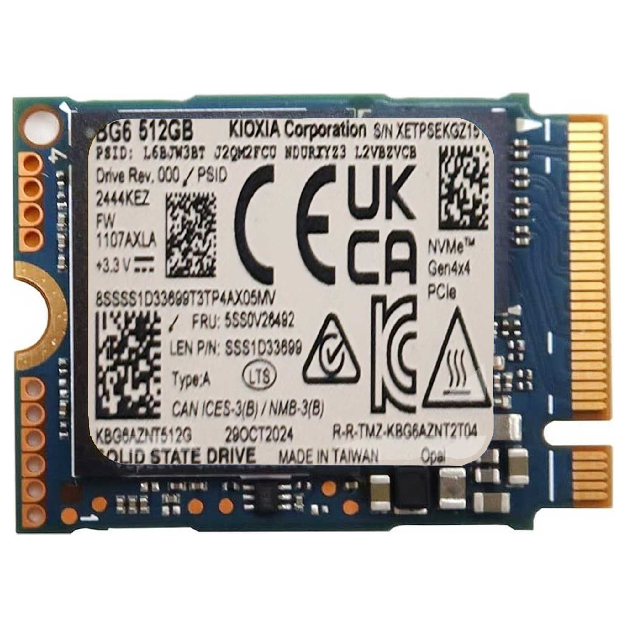 Kioxia üretimi 512 GB M.2 NVMe SSD, Tayvan'da üretilmiştir.