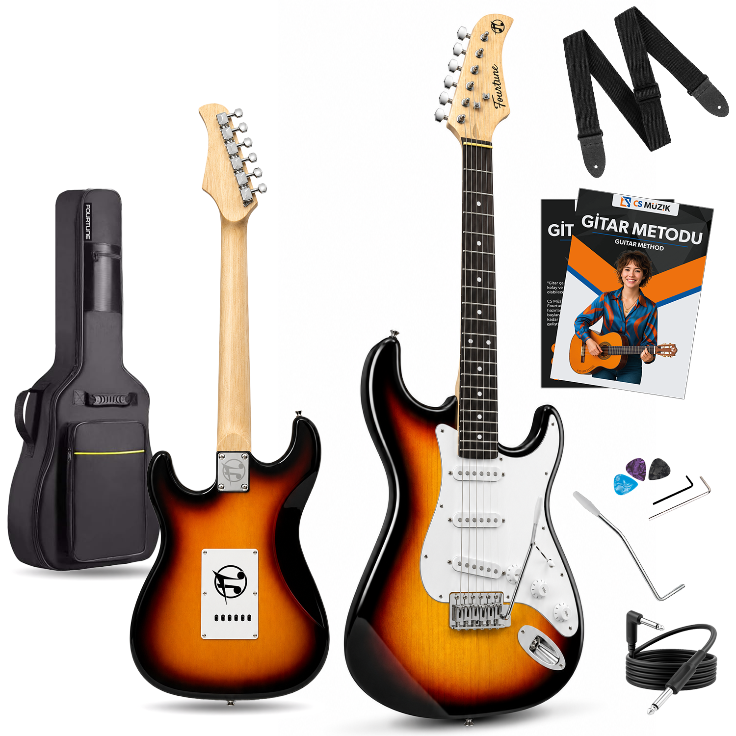 İki elektro gitar, kılıf, askı, kitap ve aksesuarlar beyaz arka planda.