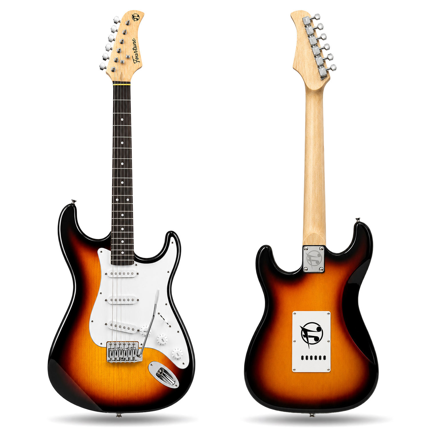 Beyaz pena korumalı ve gümüş donanımlı, güneş patlaması renkli elektro gitarın ön ve arka görünümü.
