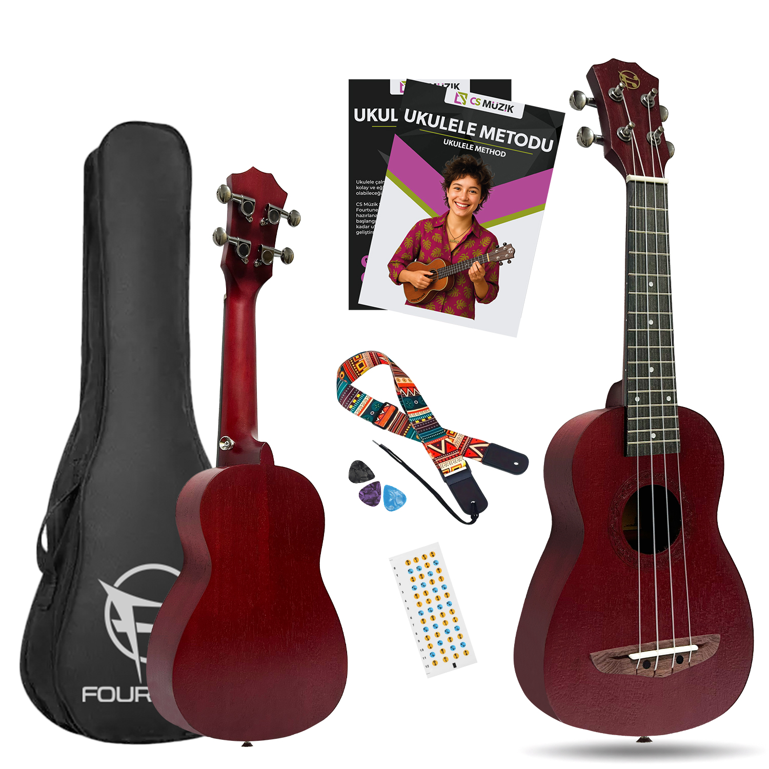 Kırmızı ukulele seti çanta, askı, pena ve öğrenme materyali içerir.