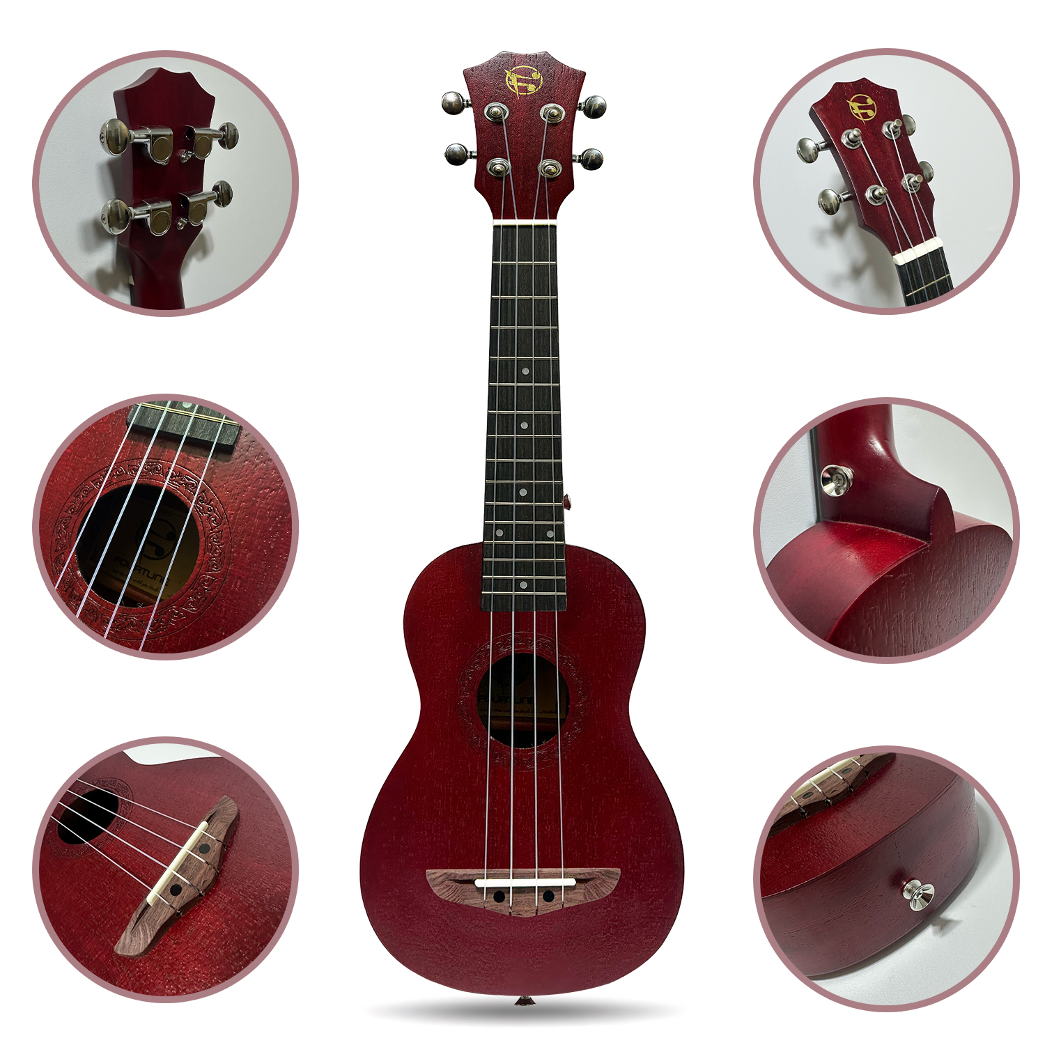 Koyu kırmızı ukulele, kafa, ses deliği, köprü ve sap birleşim yerinin yakın çekimleriyle.