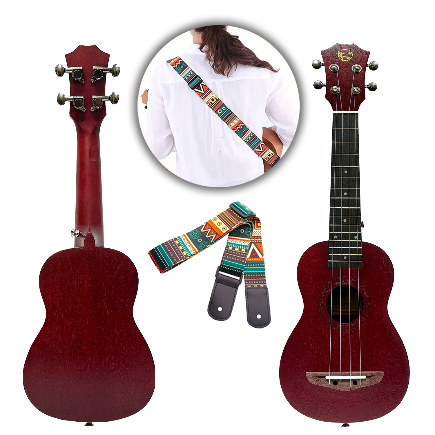 Çeşitli açılardan gösterilen koyu kırmızı ukulele seti, renkli bir askı ile.