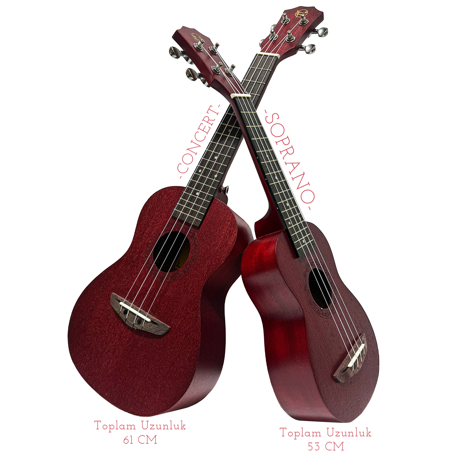 Birbirine çaprazlanmış iki kırmızı ukulele, soprano ve konser boy.