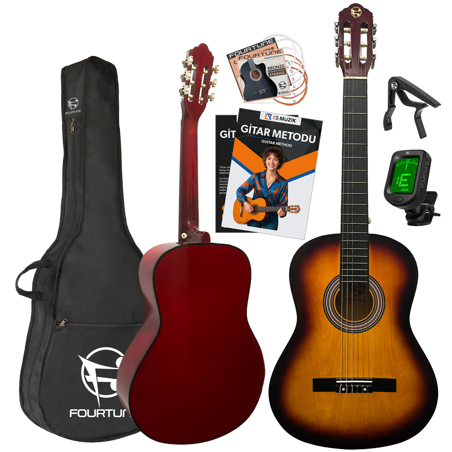 İki gitar, biri koyu kırmızı, biri günbatımı renginde, aksesuarlarla: çanta, teller, kapo, tuner ve metod kitap.