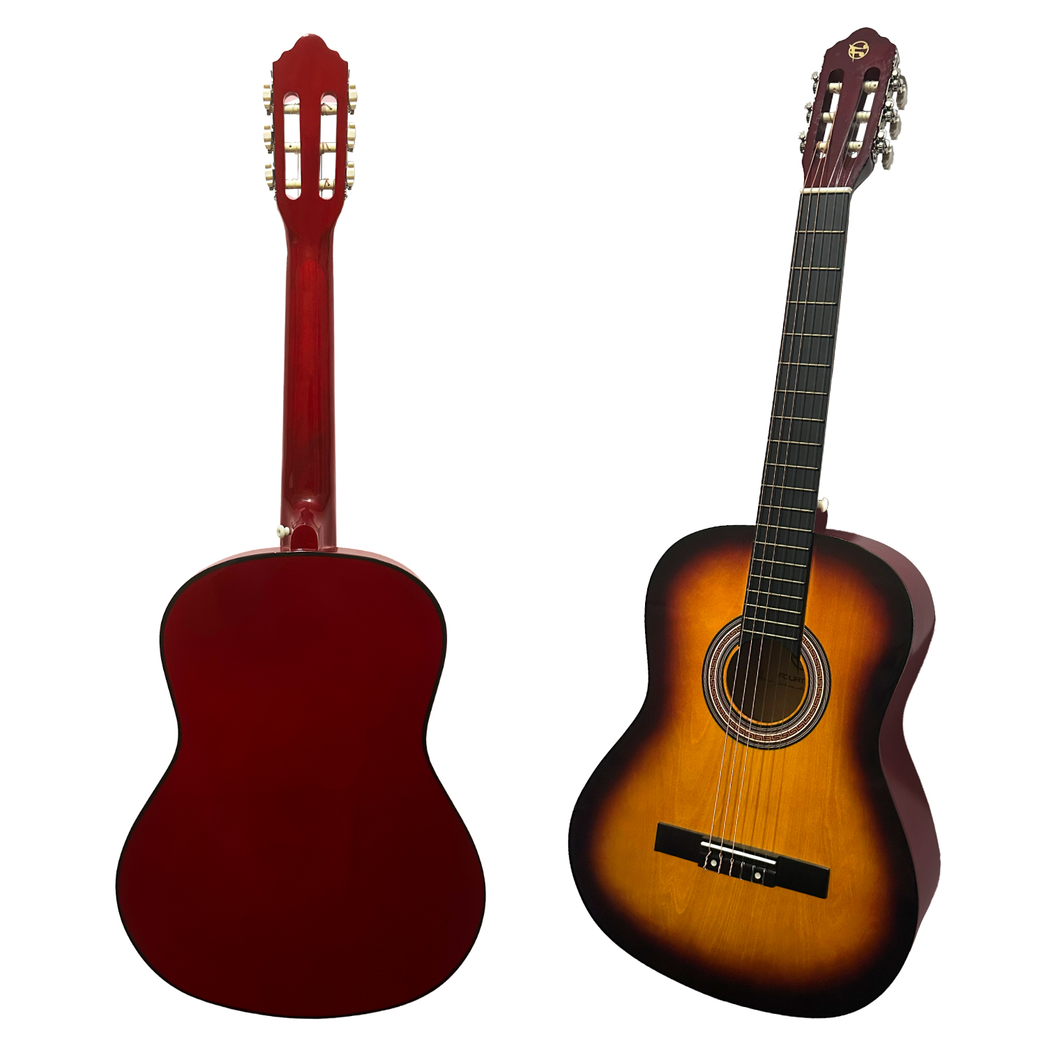 Kırmızı bir gitar önden ve arkadan gösteriliyor, ön yüzünde renk geçişi var.