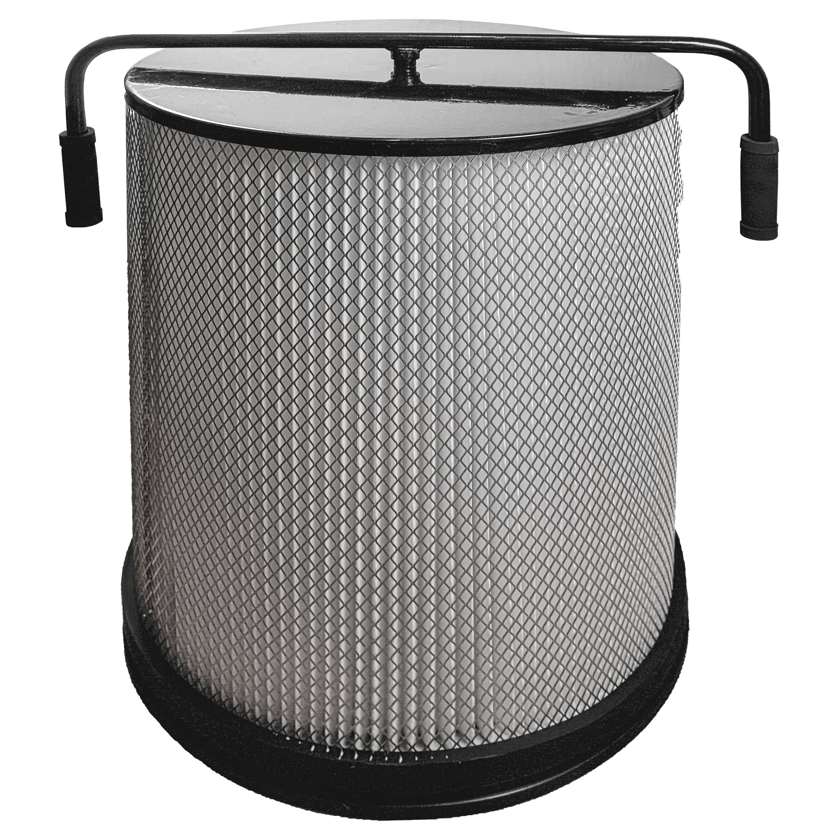 Ein zylindrischer Luftfilter mit weißem Faltenelement, schwarzem Metallgitter und Griffen.