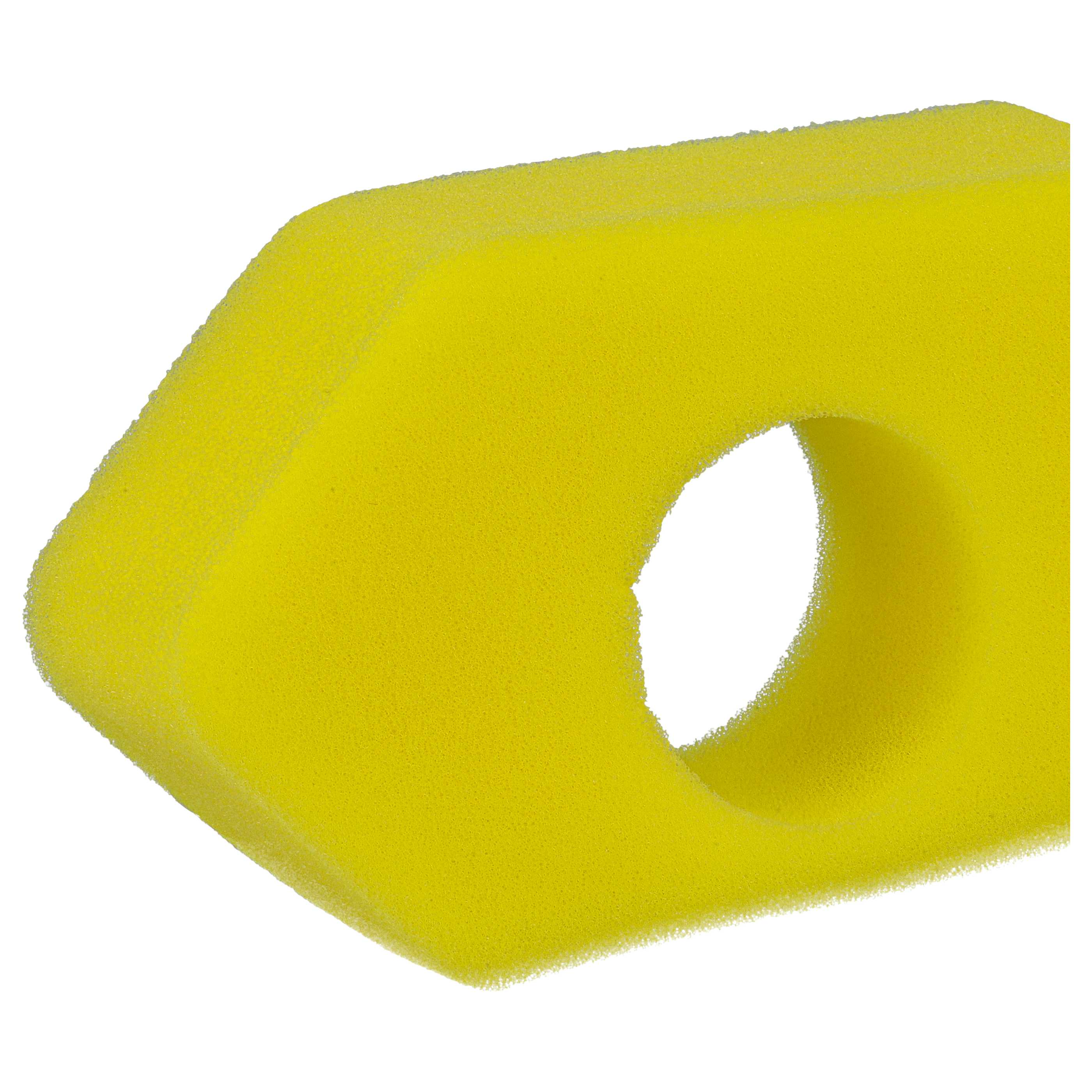Ein gelber Schaumstofffilter mit einem Loch in der Mitte, isoliert auf Weiß.