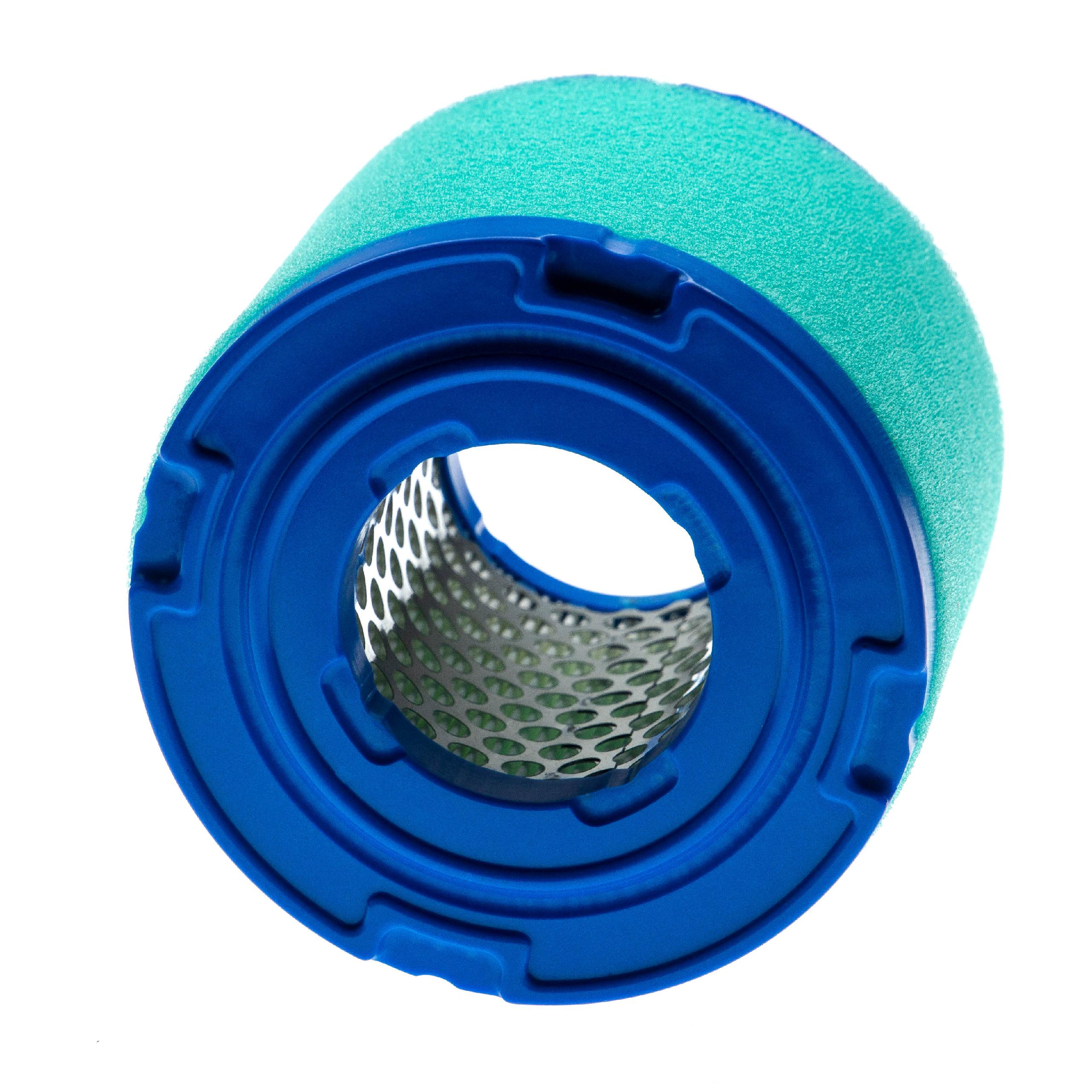Ein runder, hellgrüner Schaumstofffilter mit einem blauen Kunststoffrahmen und einem Metallgitter.