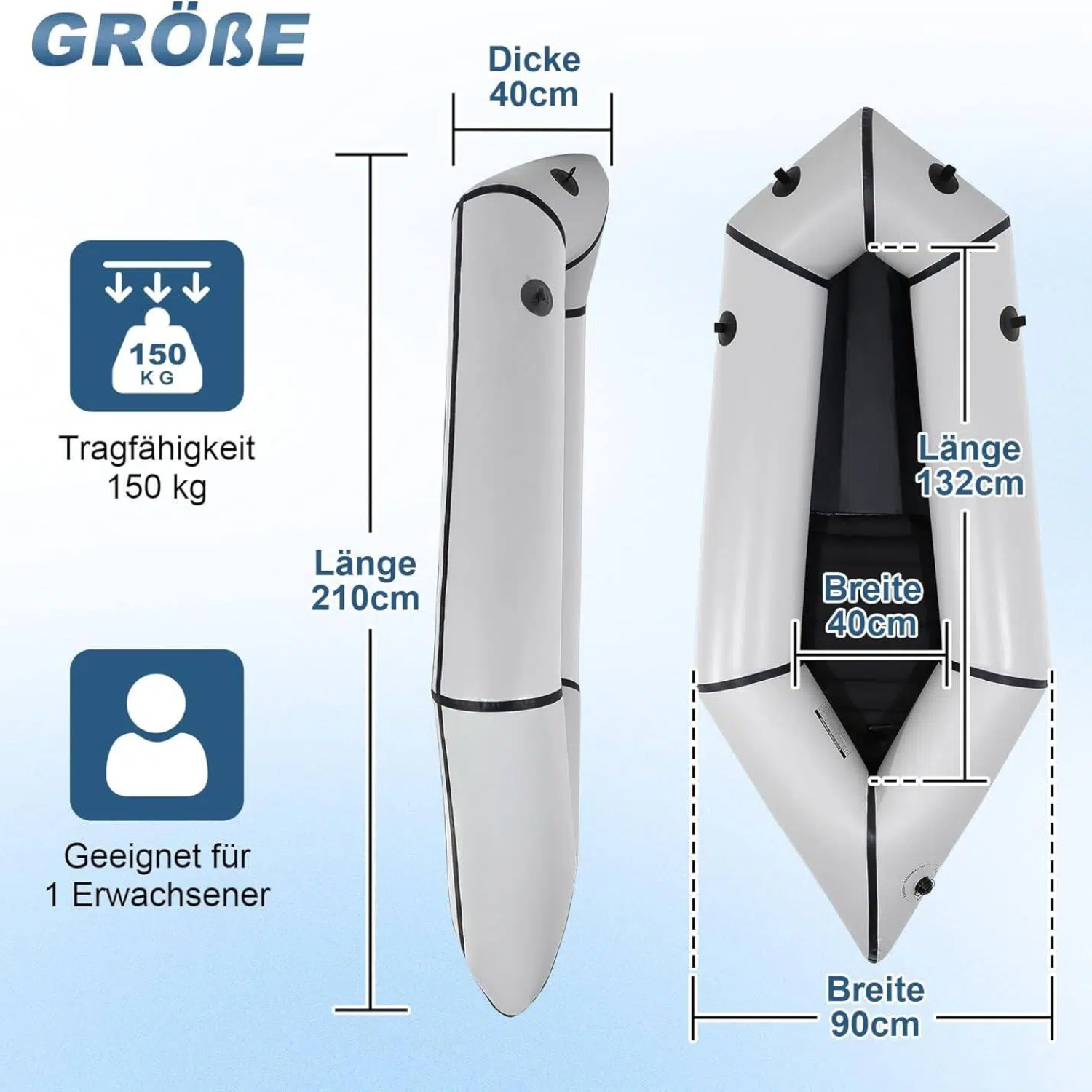 Aufblasbares Boot mit Maßen: Länge 210cm, Breite 90cm, Dicke 40cm. Max. Tragkraft 150kg.