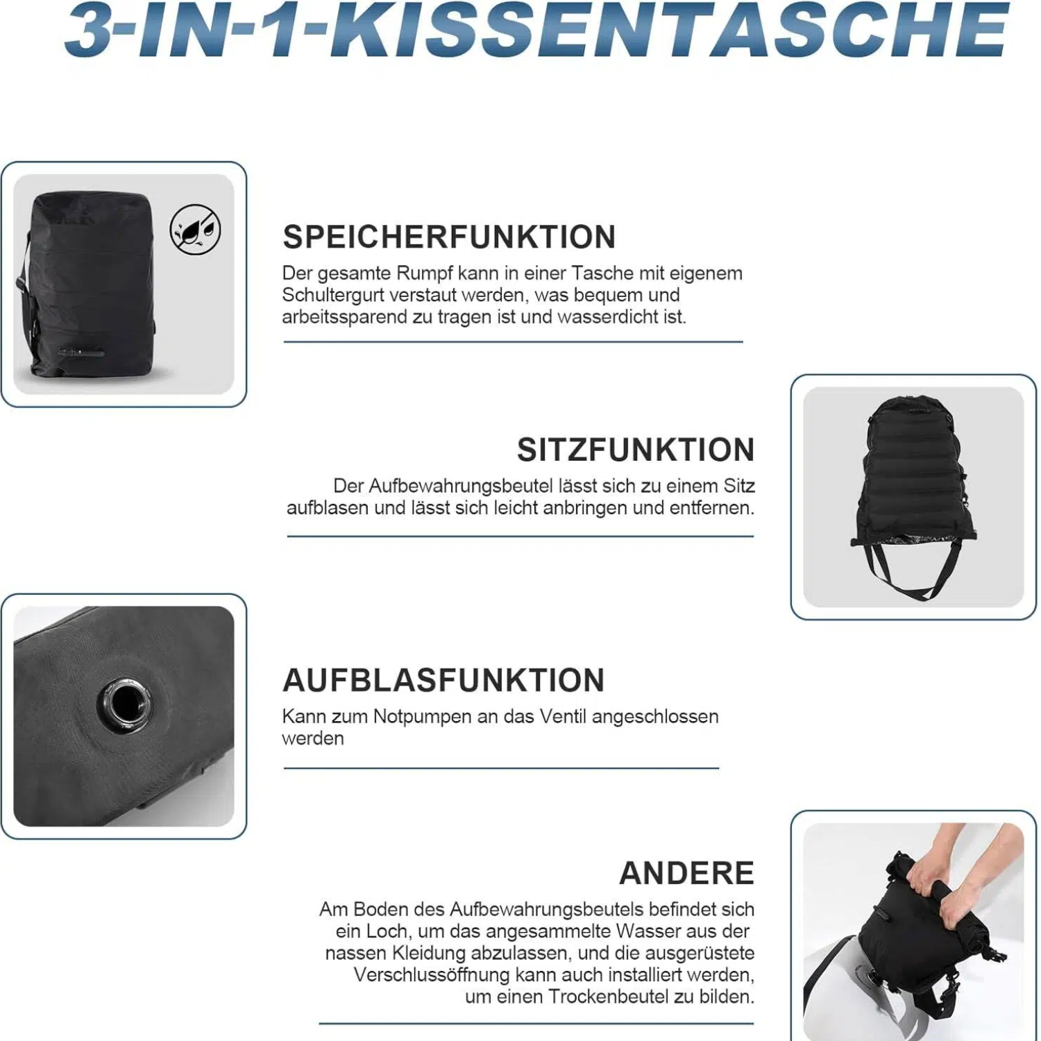 3-in-1 Kissentasche: Speicherung, Sitz und aufblasbare Funktionen mit Zubehörtasche.