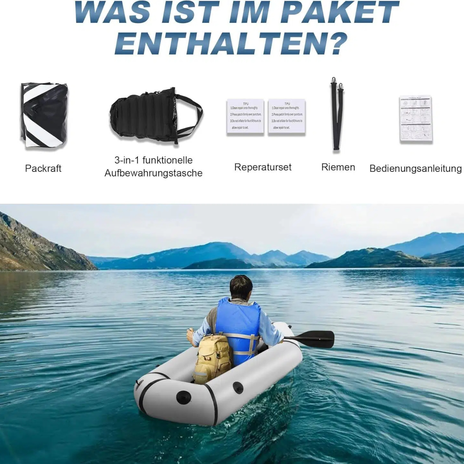 Ein Mann paddelt in einem weißen Schlauchboot auf einem See, mit Bergen im Hintergrund.