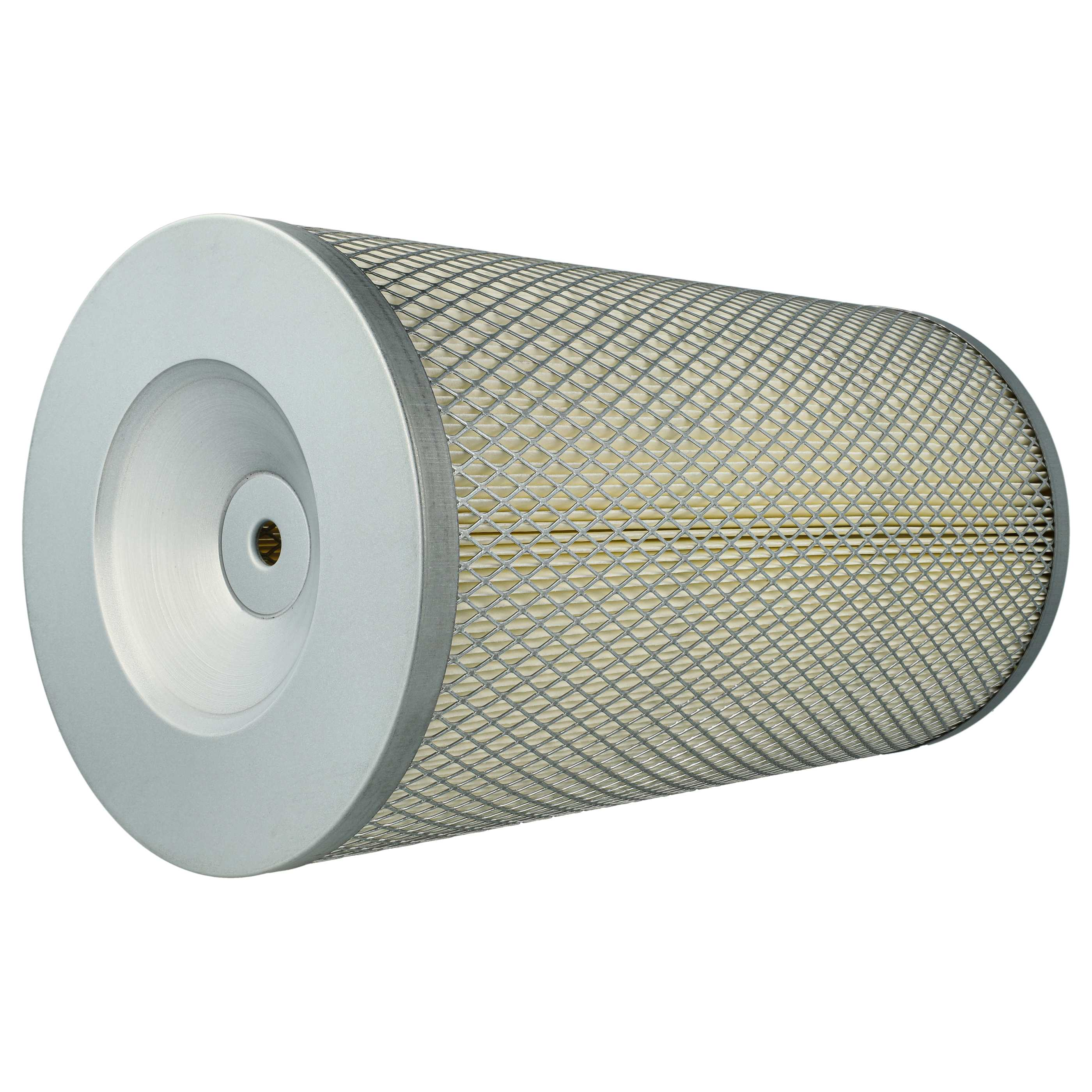 Ein zylindrisches Luftfilterelement mit silbernen Endkappen und Metallgitter.