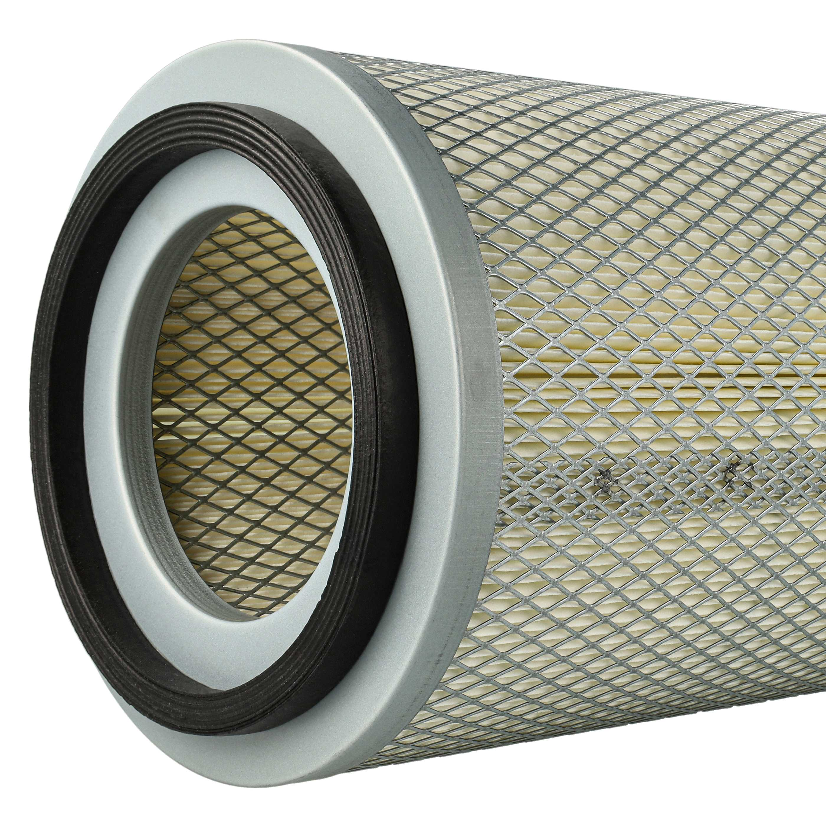 Ein runder Luftfilter mit einem silbernen Metallgehäuse und schwarzem Gummidichtring.