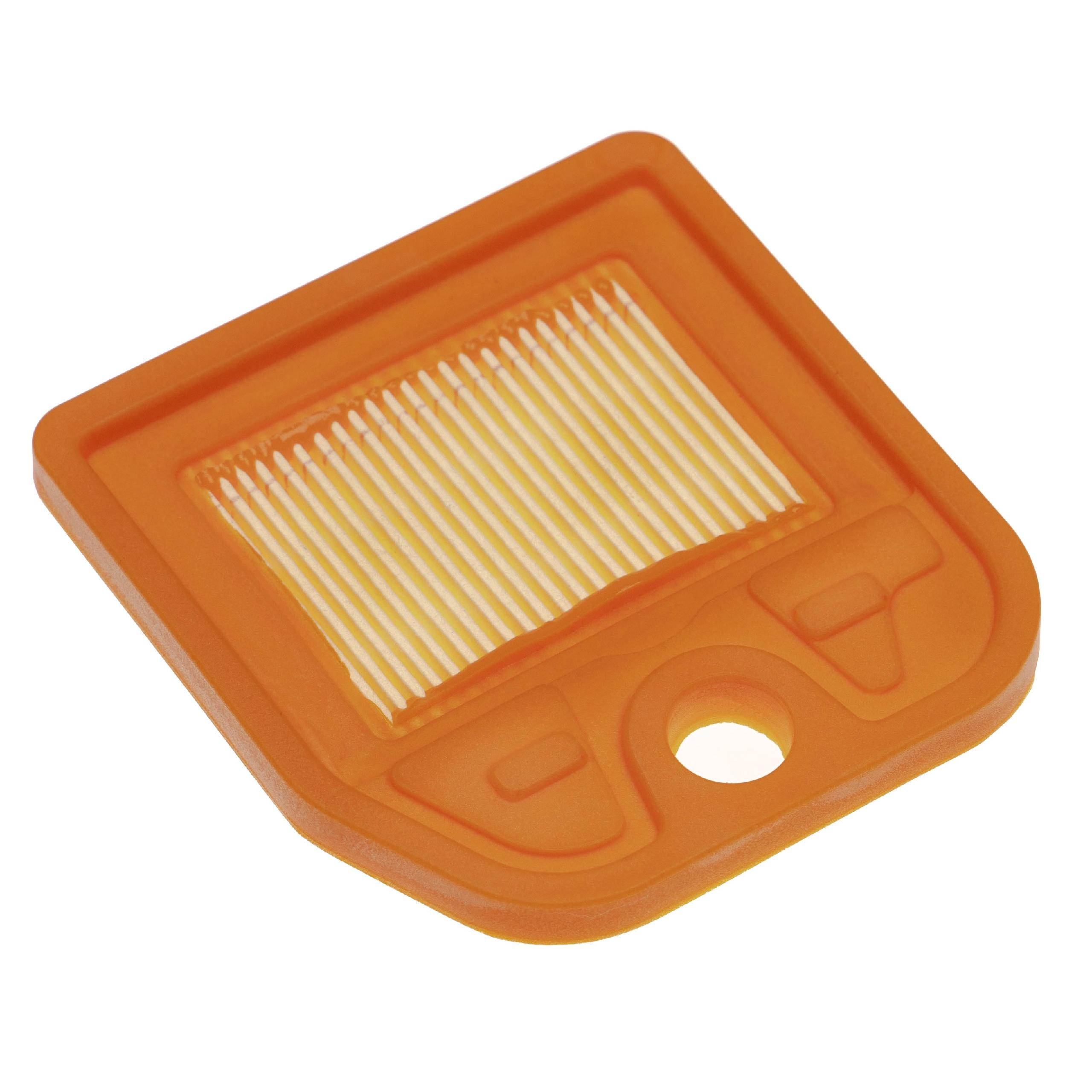 Ein orangefarbener Luftfilter mit gelben Lamellen und einem Loch.