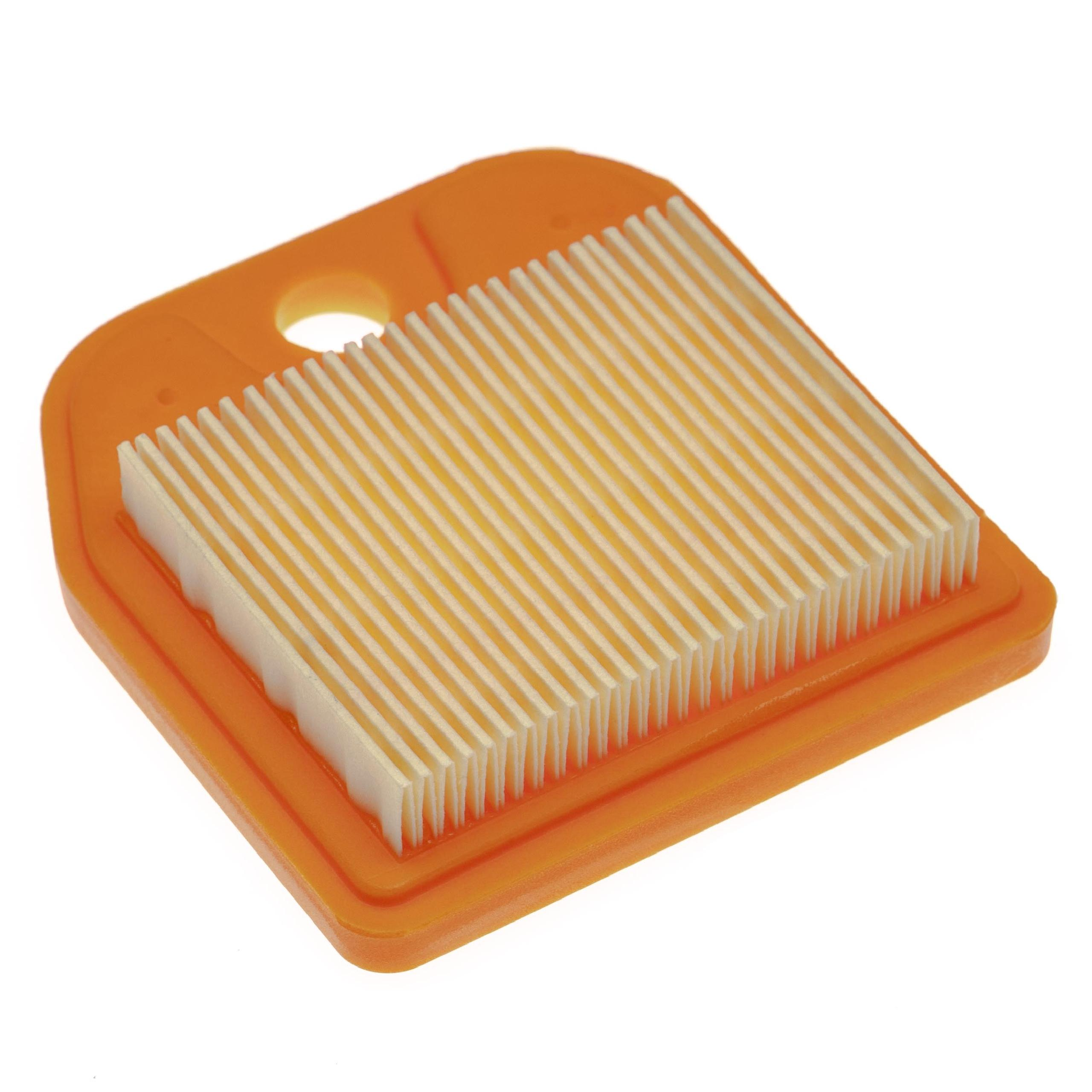 Ein orangefarbener Luftfilter mit gefalteten Filtermaterialien.