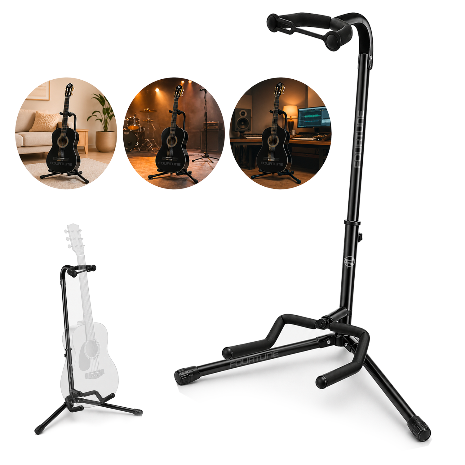 Yastıklı kollara ve ayarlanabilir boyun desteğine sahip siyah gitar standı.