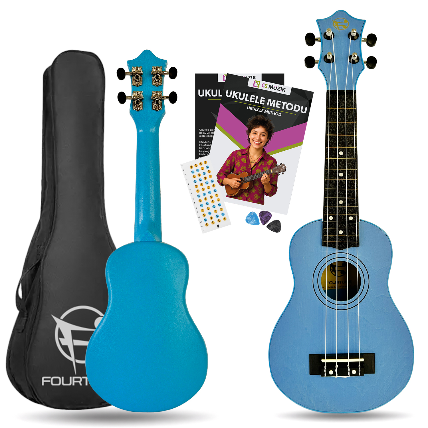 Mavi ukulele seti, kılıfı, metod kitabı, pena ve çıkartmaları ile.