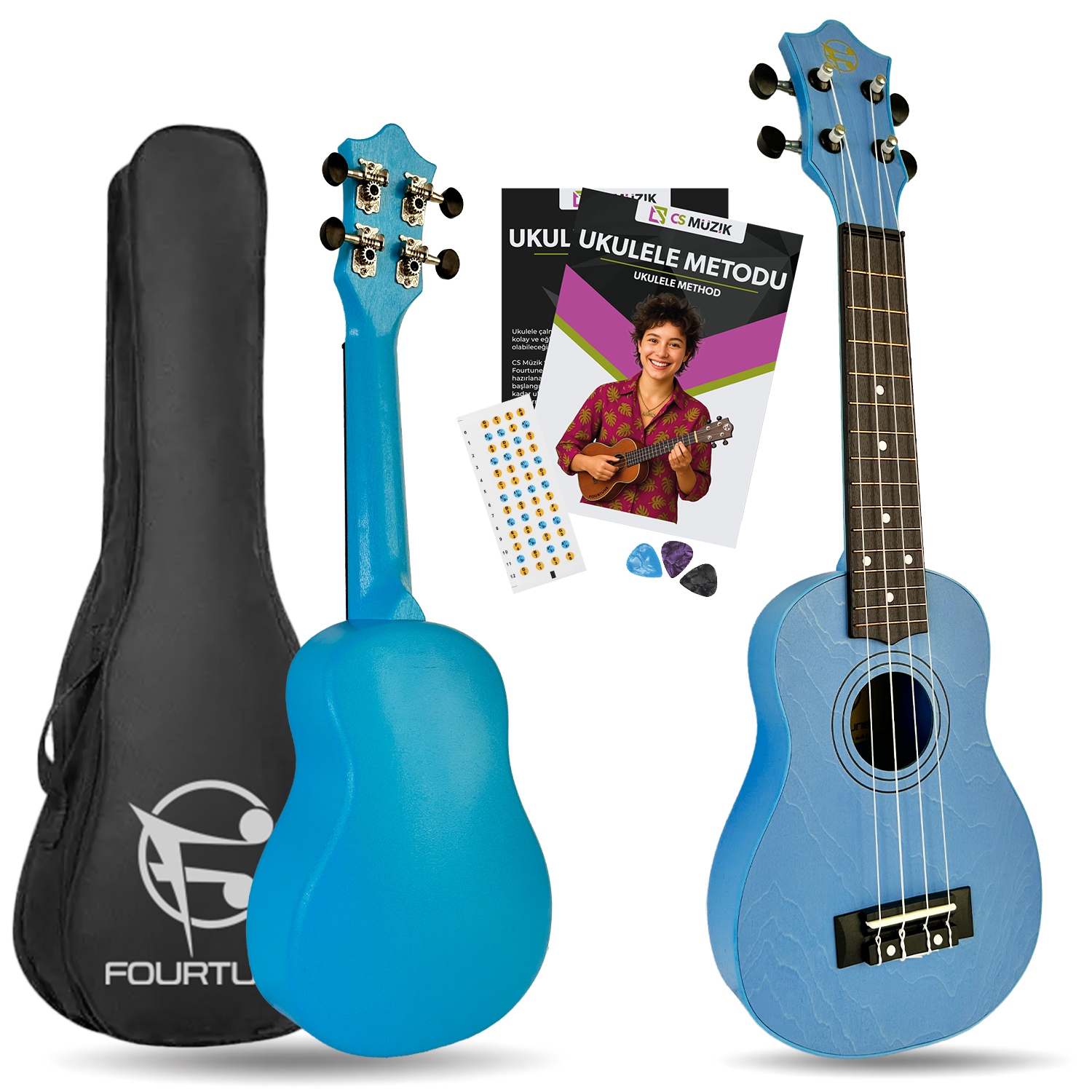 İki mavi ukulele, biri kılıf, yöntem kitabı ve pena ile.