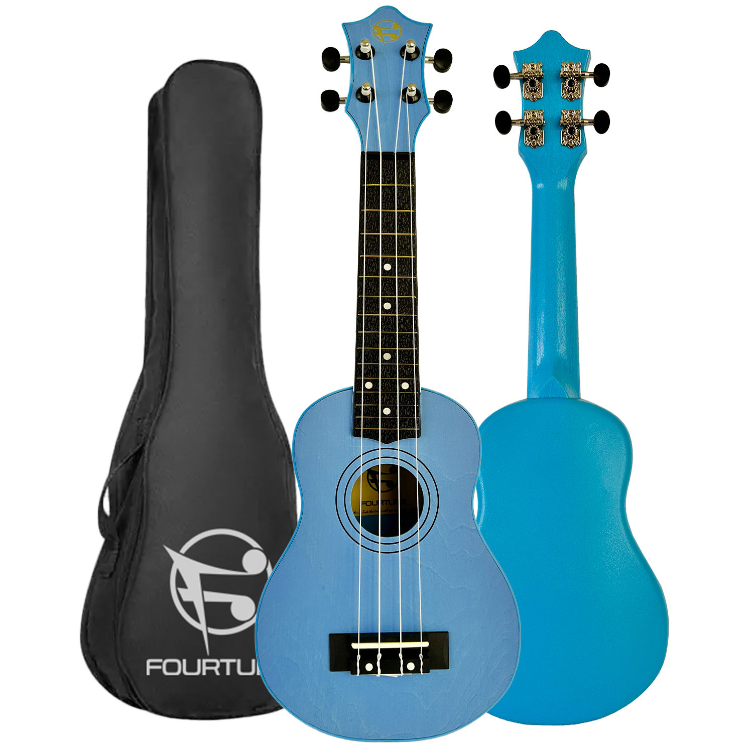 Siyah kılıflı açık mavi ukulele seti. Ön ve arka görünüm gösterilmektedir.