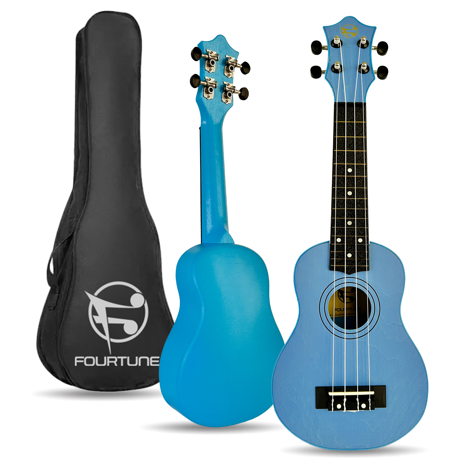 Siyah kılıflı mavi bir ukulele. Bir ukulele önden, diğeri arkadan görünüyor.