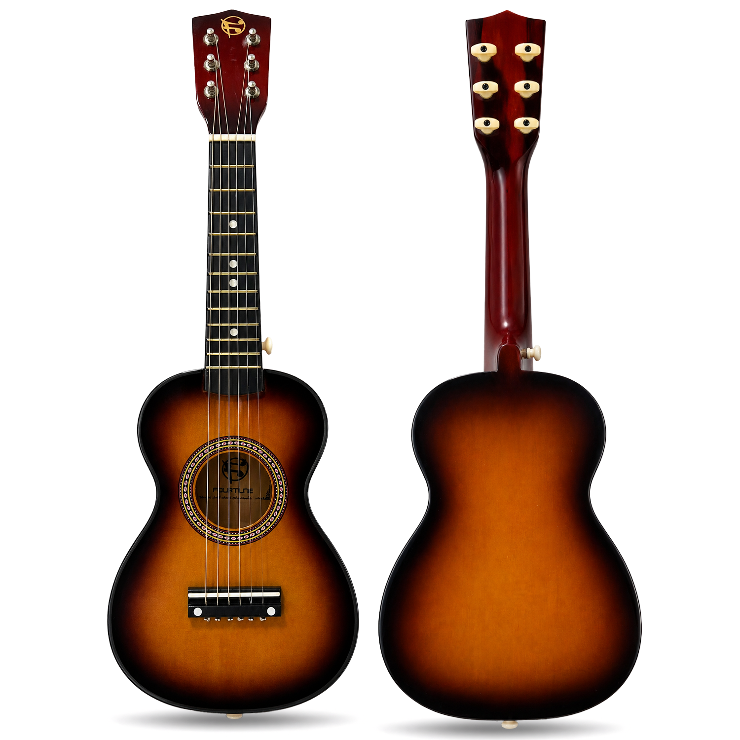 Siyah kenarlı, beyaz burgulu, güneşi batıran akustik gitarın iki görünümü.