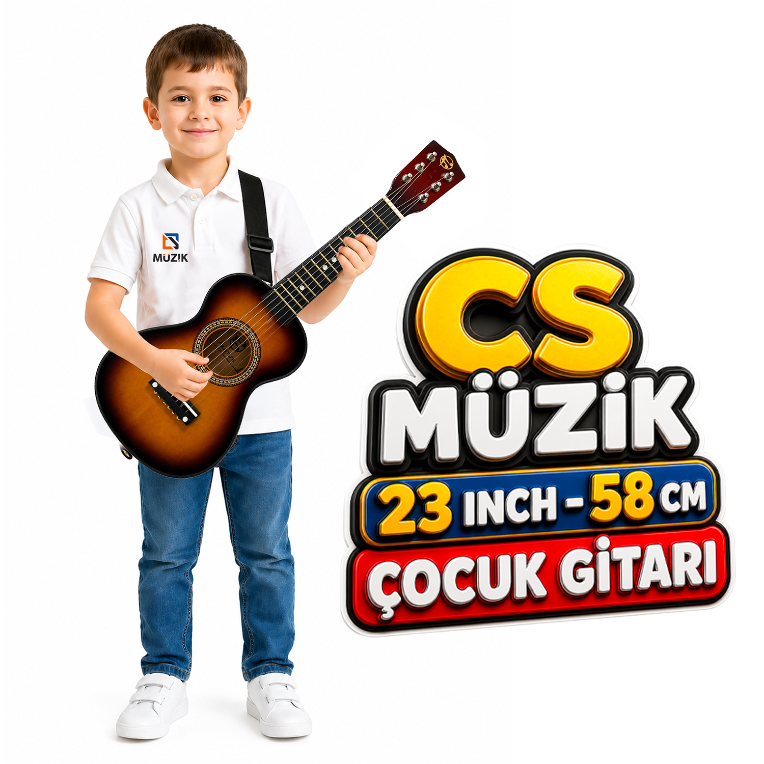 23 inç yazılı, gitar tutan bir çocuk ve Türkçe metin.