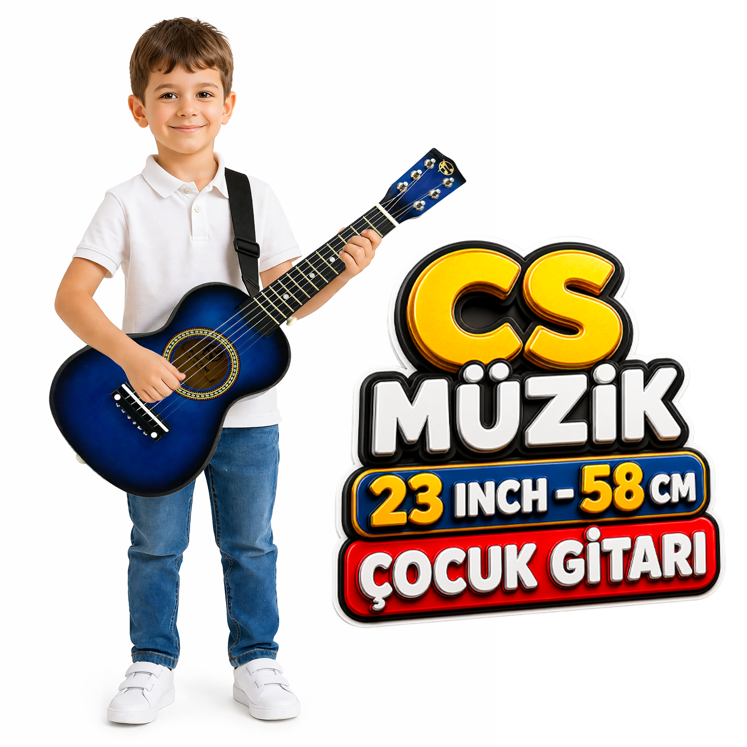 Mavi oyuncak gitar tutan bir çocuk ve CS Müzik logosu.