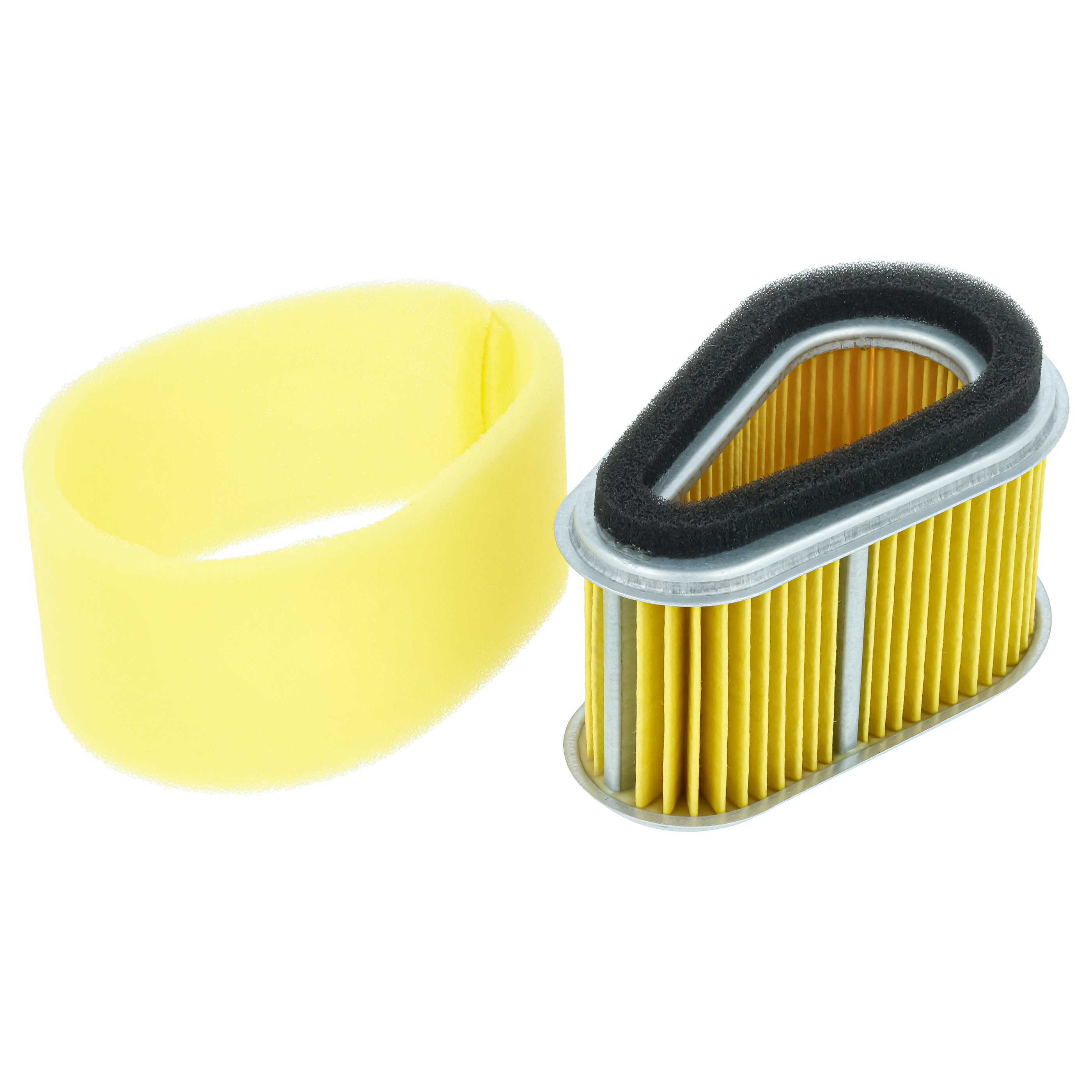 Ein gelber Schaumstofffilter und ein rechteckiger Luftfilter mit gelben Lamellen.