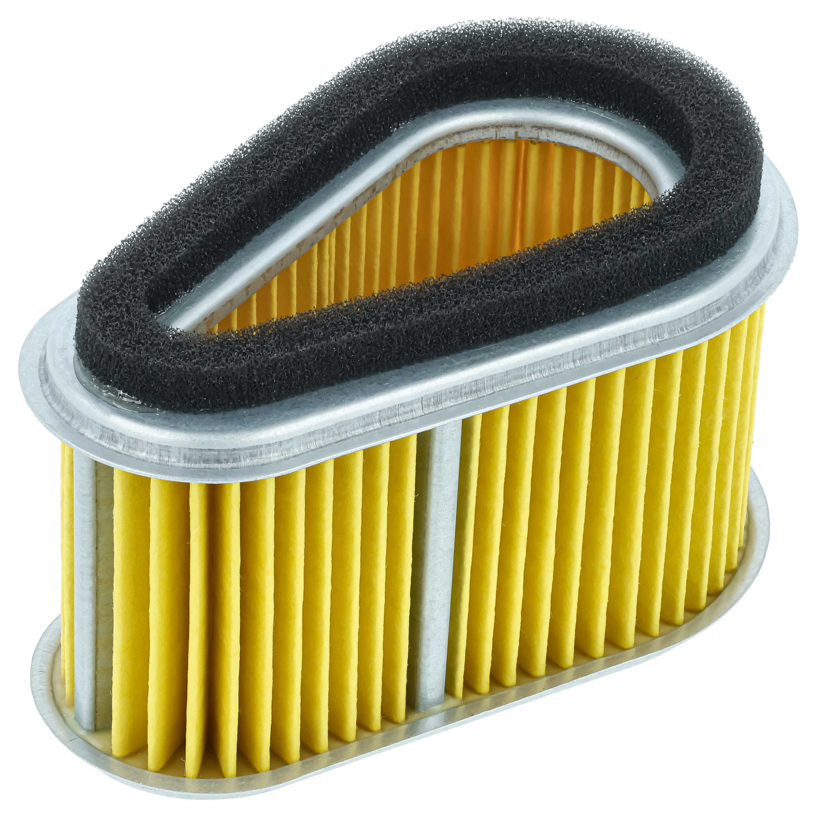 Ein ovaler Luftfilter mit gelben Falten und schwarzem Dichtungsrand.